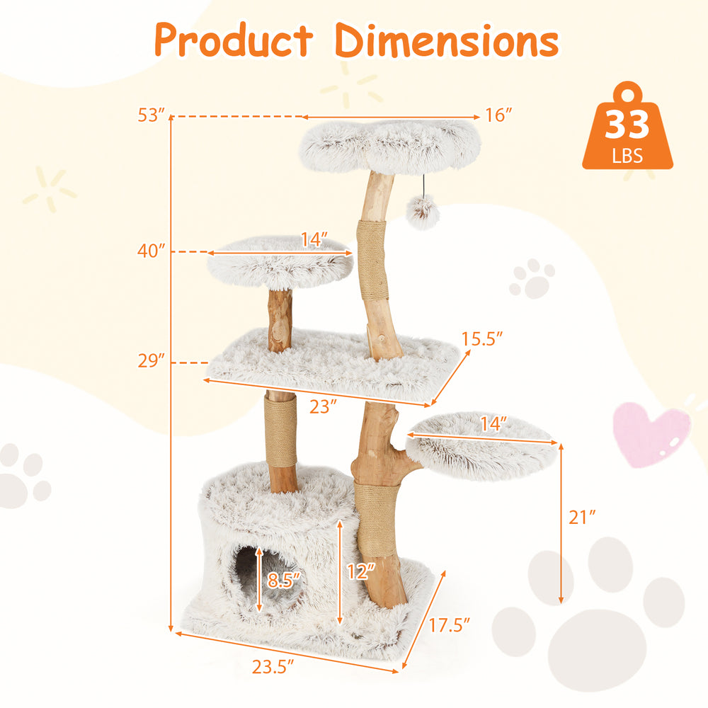 Modern Cat Tree 53 Inch Tall Natural Branch Wooden Cat Tower with Jute - view 4