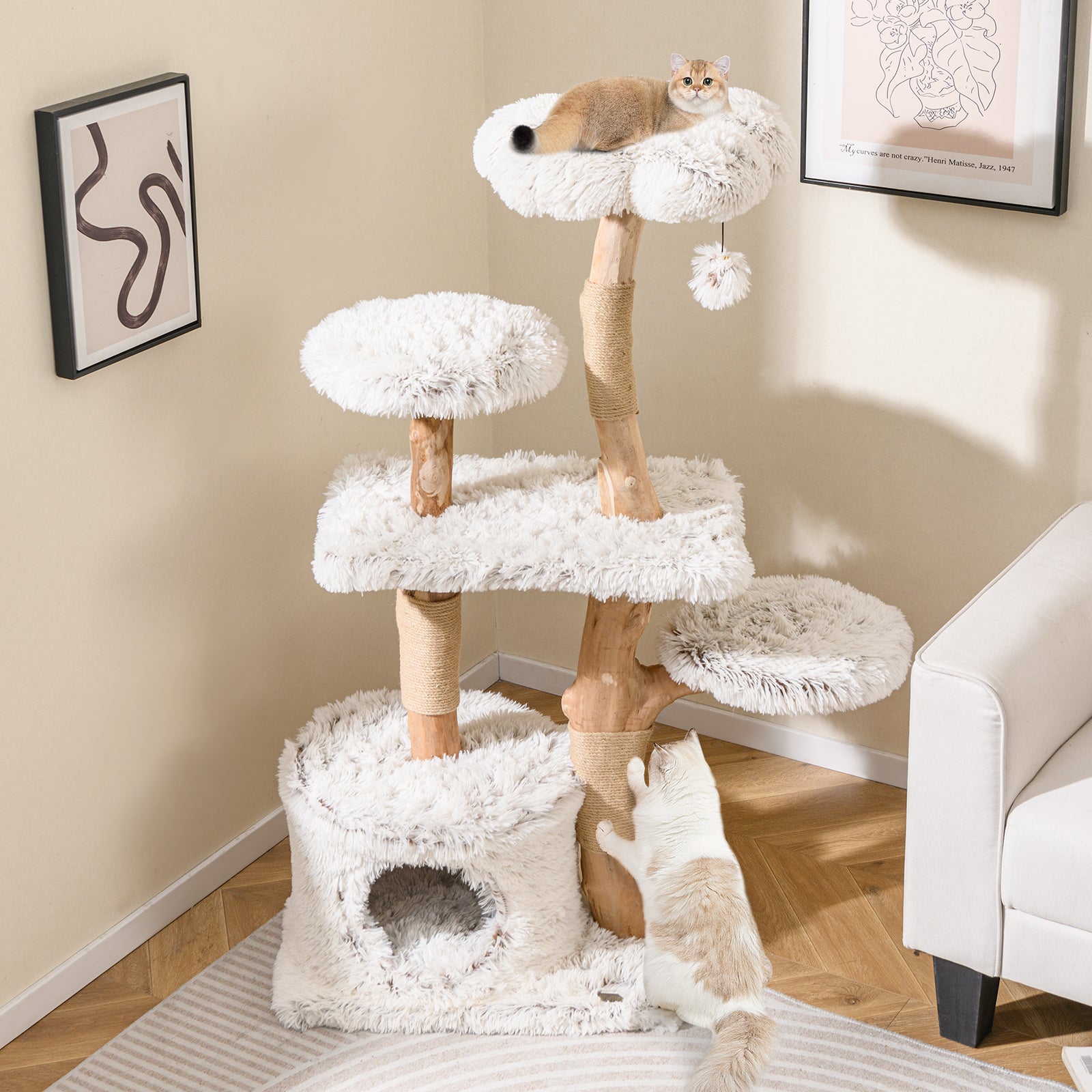 Modern Cat Tree 53 Inch Tall Natural Branch Wooden Cat Tower with Jute - view 5