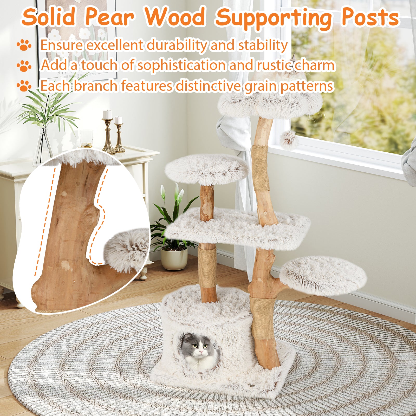 Modern Cat Tree 53 Inch Tall Natural Branch Wooden Cat Tower with Jute - view 6