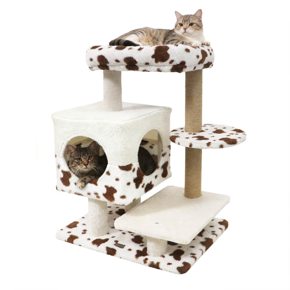 Modern Cat Tree Indoor Cat Tower with Wide Upholstered Perch and 2-Entrance Cat