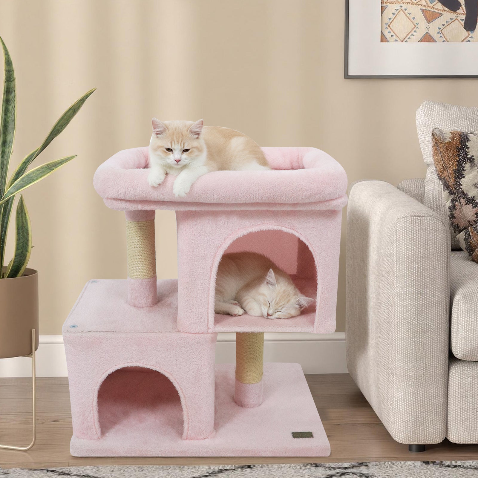 Modern Cat Tree Space-saving Cat Tower with Upholstered Perch and 2 Cat Condos - view 2