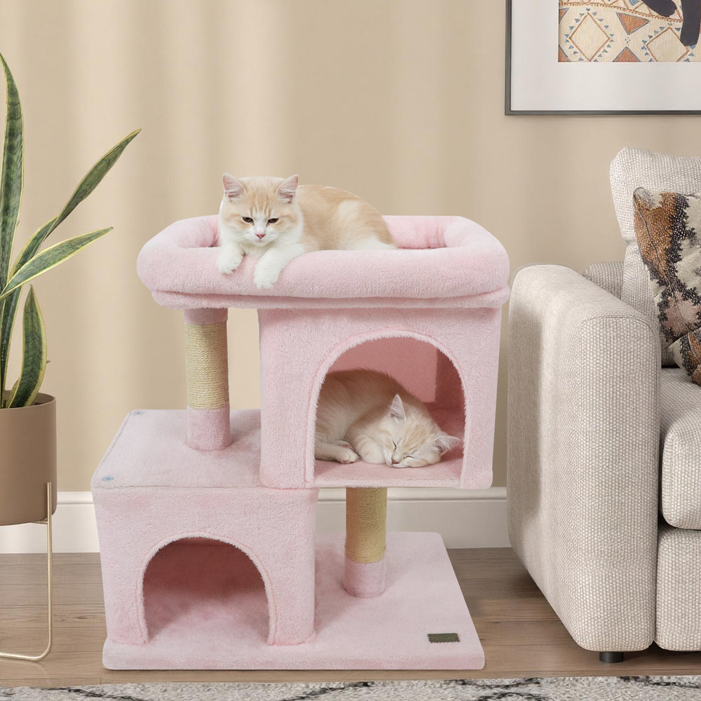 Modern Cat Tree Space-saving Cat Tower with Upholstered Perch and 2 Cat Condos - view 2