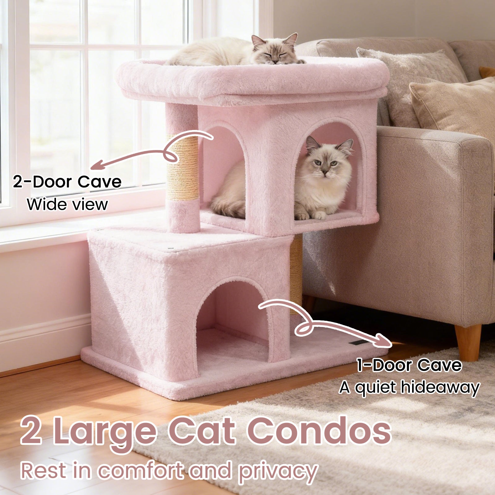Modern Cat Tree Space-saving Cat Tower with Upholstered Perch and 2 Cat Condos - view 6