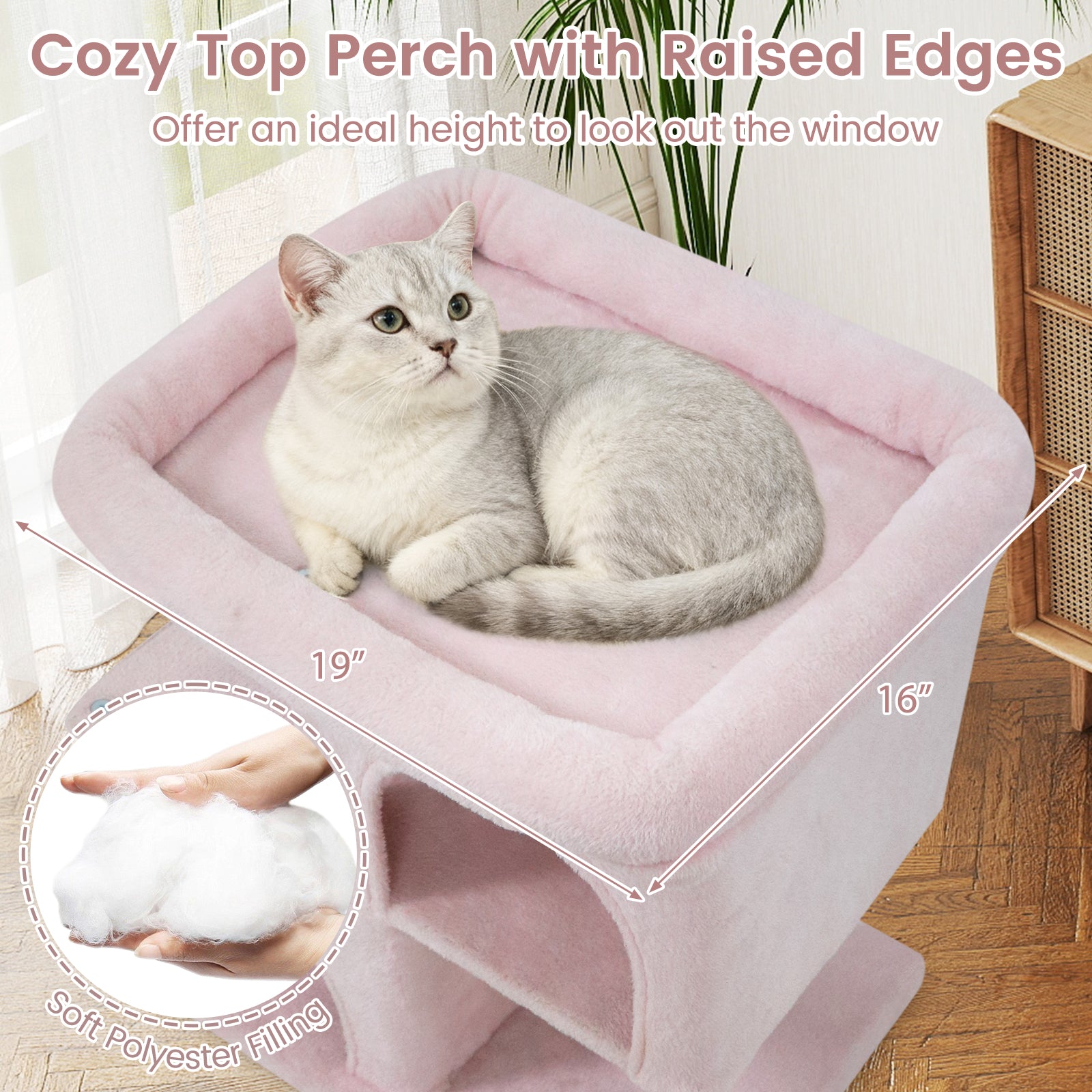 Modern Cat Tree Space-saving Cat Tower with Upholstered Perch and 2 Cat Condos - view 7