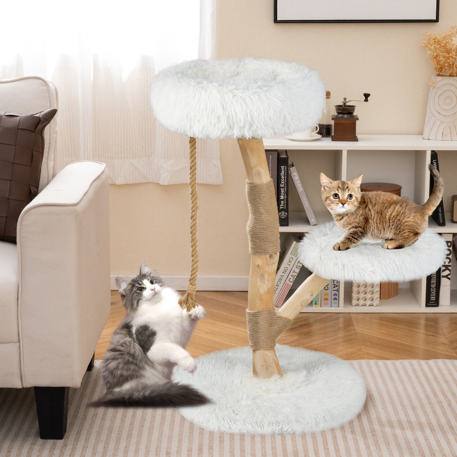 Modern Wooden Cat Tree Tower with Perch and Natural Jute Scratching Posts - view 2