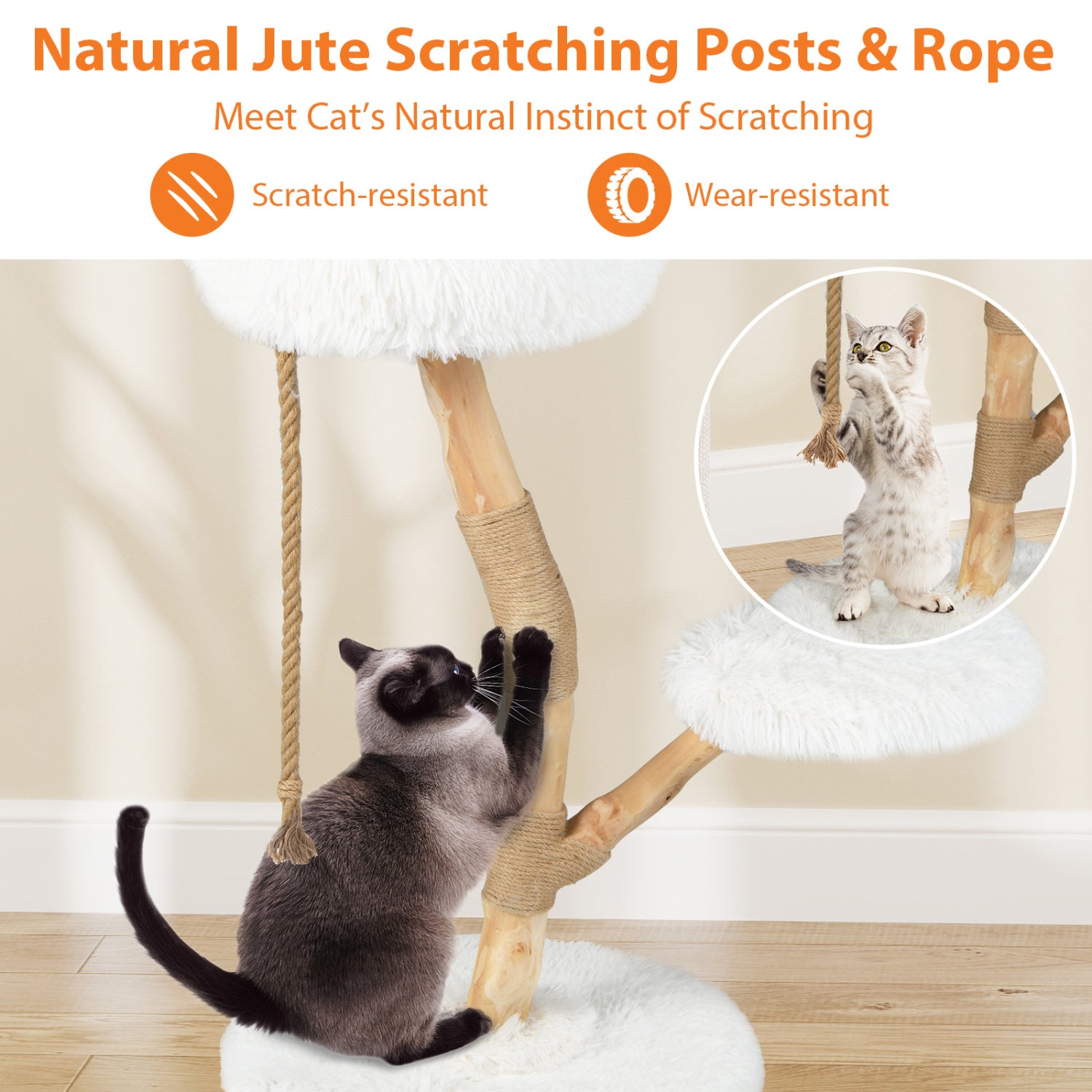 Modern Wooden Cat Tree Tower with Perch and Natural Jute Scratching Posts - view 8
