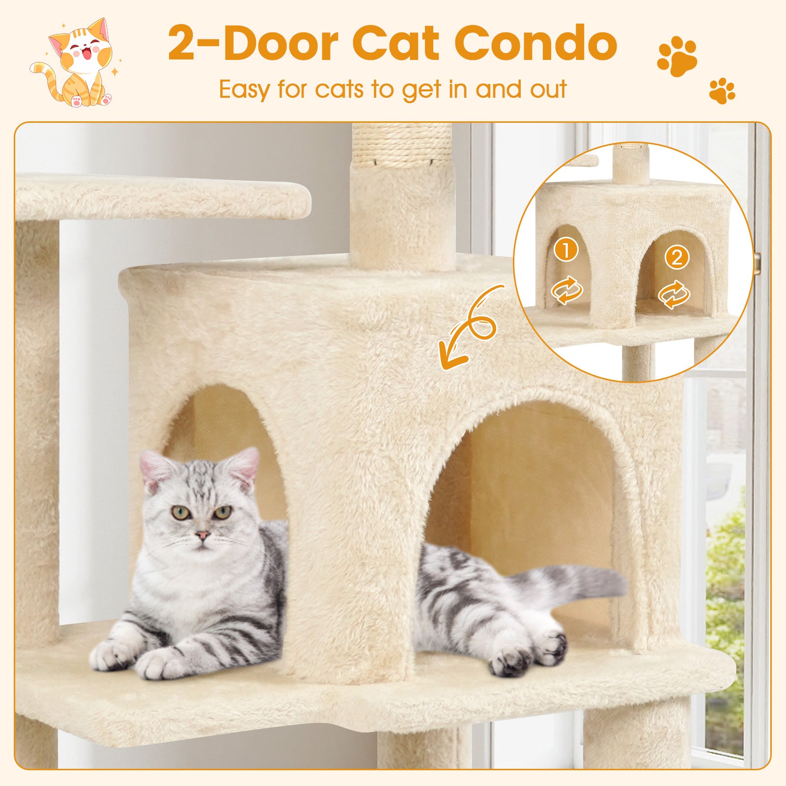 Multi-Level Cat Tower with 2-Door Condo and Padded Top Perch Cat Tree - view 6