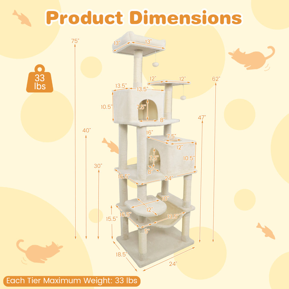 Multi-level Cat Tree Modern Cat Tower with Upholstered Perch and 2 Cat Condo - view 5