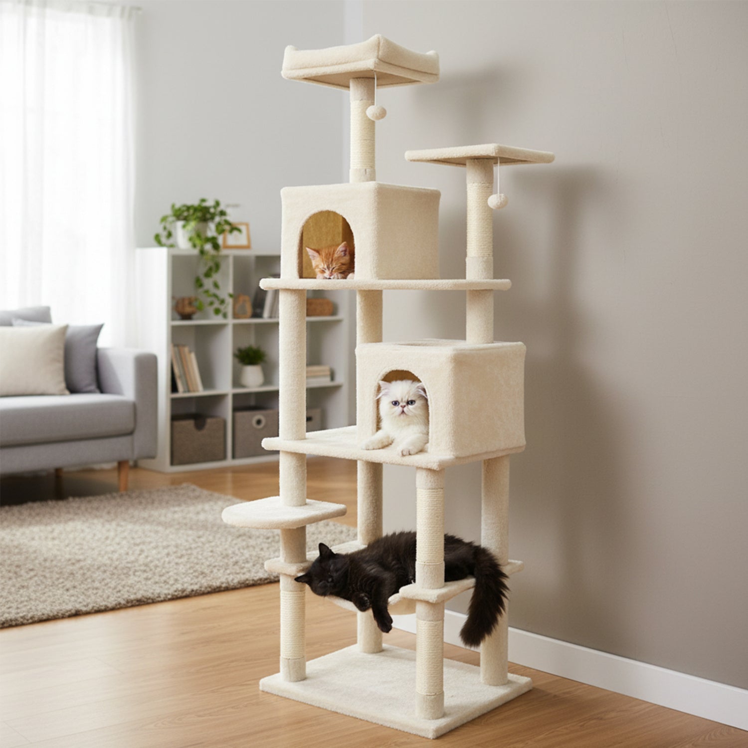 Multi-level Cat Tree Modern Cat Tower with Upholstered Perch and 2 Cat Condo - view 2