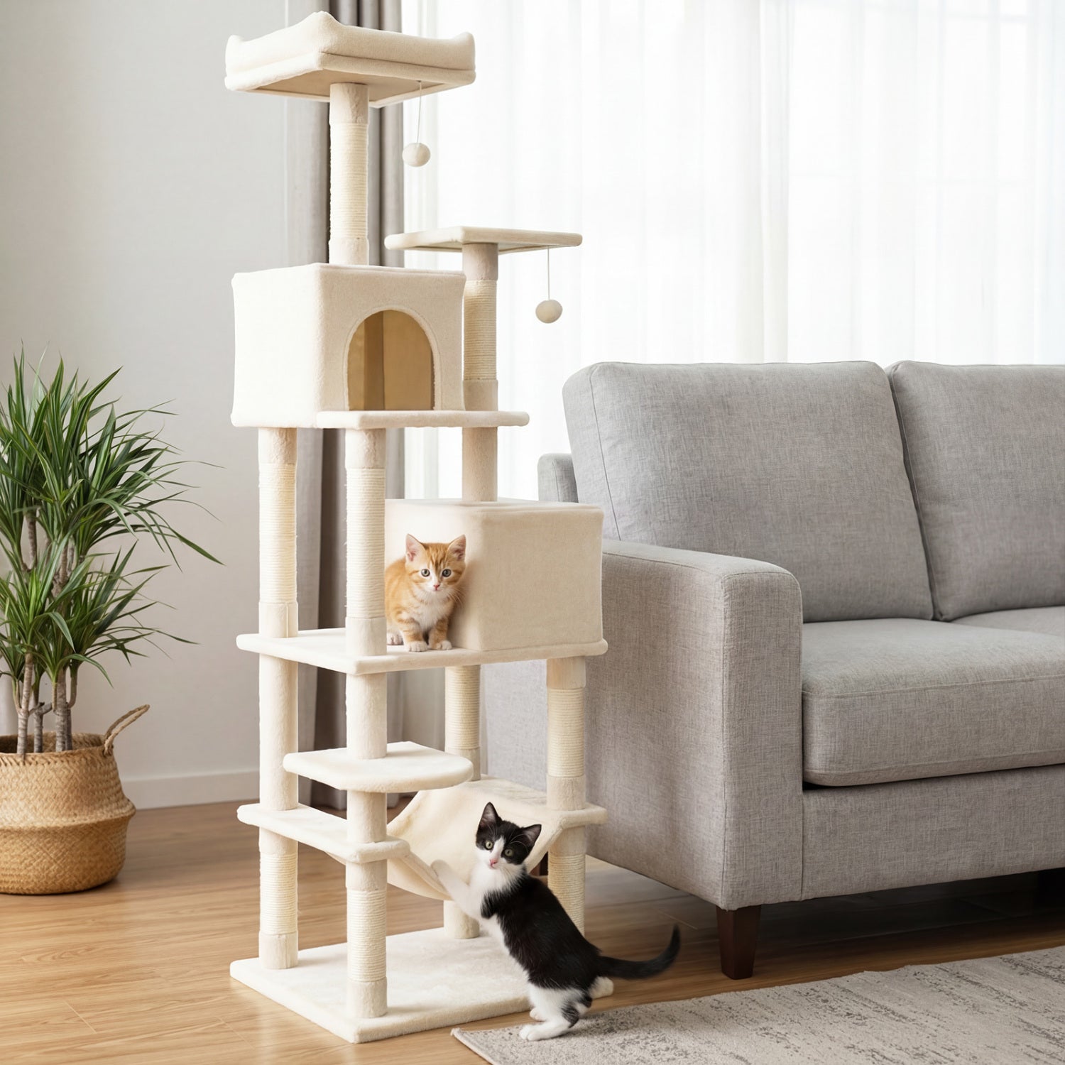 Multi-level Cat Tree Modern Cat Tower with Upholstered Perch and 2 Cat Condo - view 3