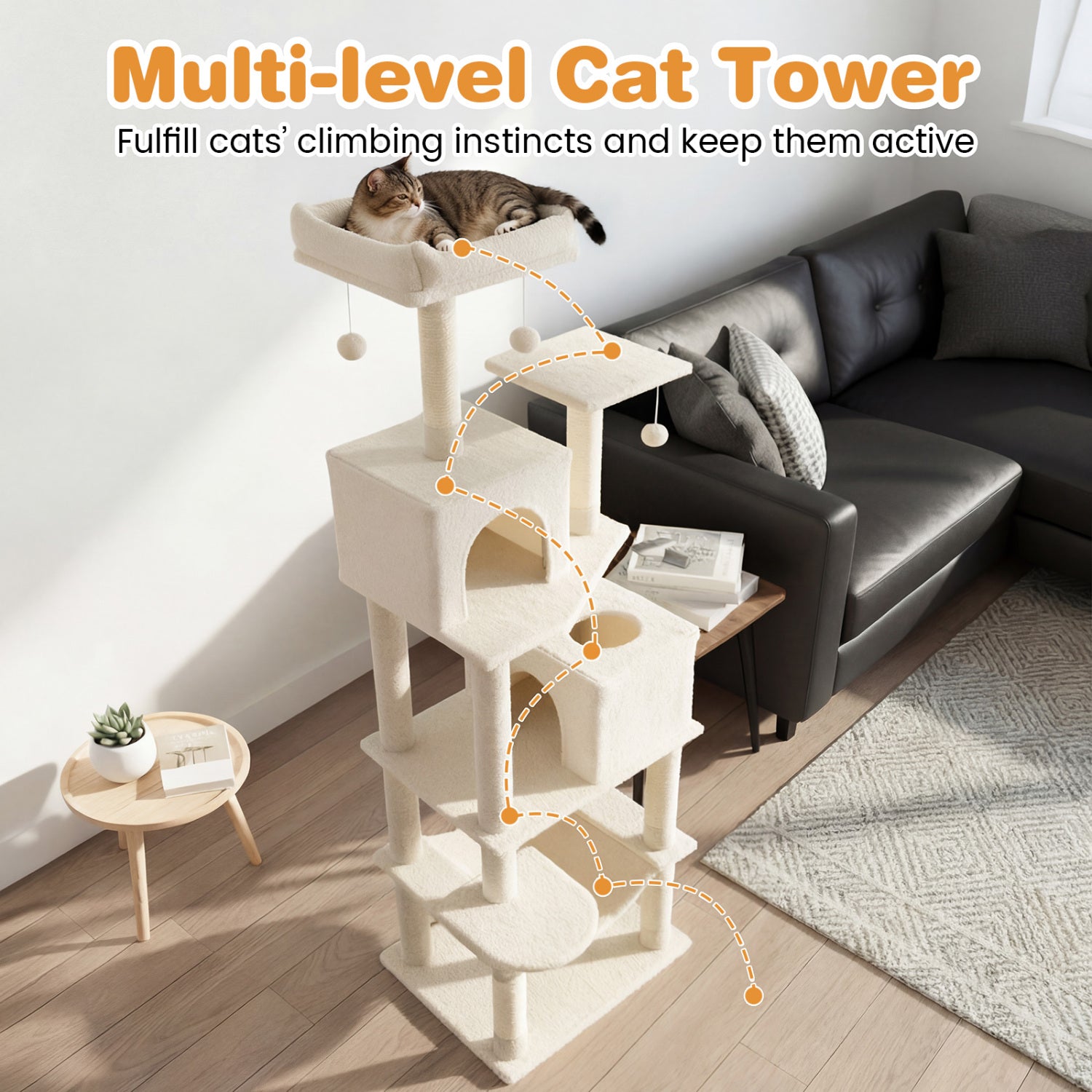 Multi-level Cat Tree Modern Cat Tower with Upholstered Perch and 2 Cat Condo - view 7