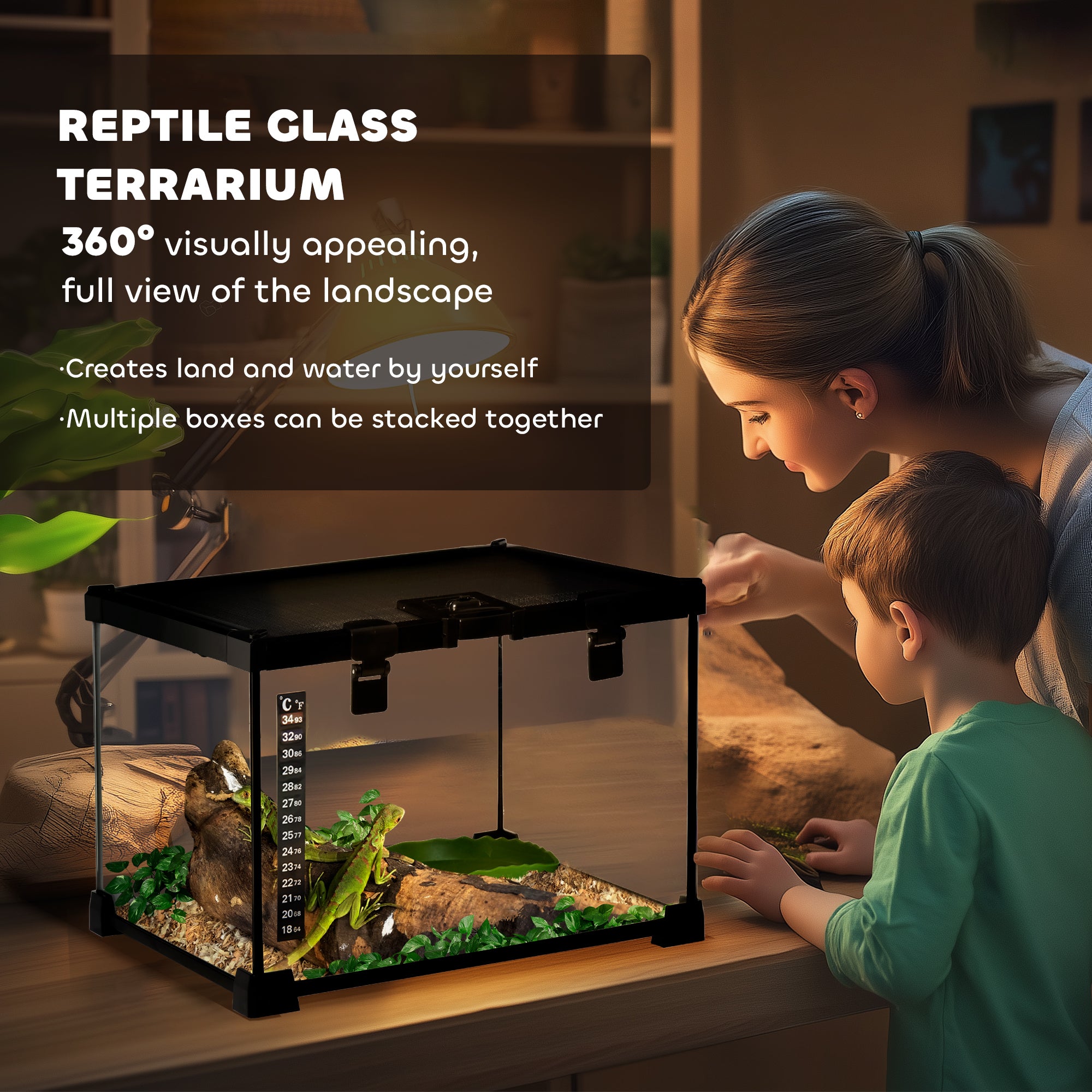 Glass Reptile Terrarium with Thermometer, Water Basin, Full View Visually - view 3