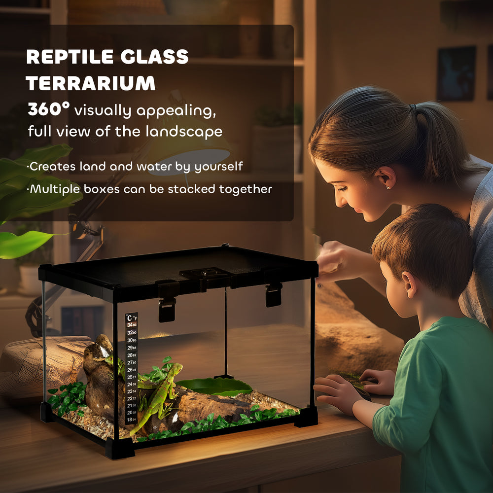 Glass Reptile Terrarium with Thermometer, Water Basin, Full View Visually - view 3
