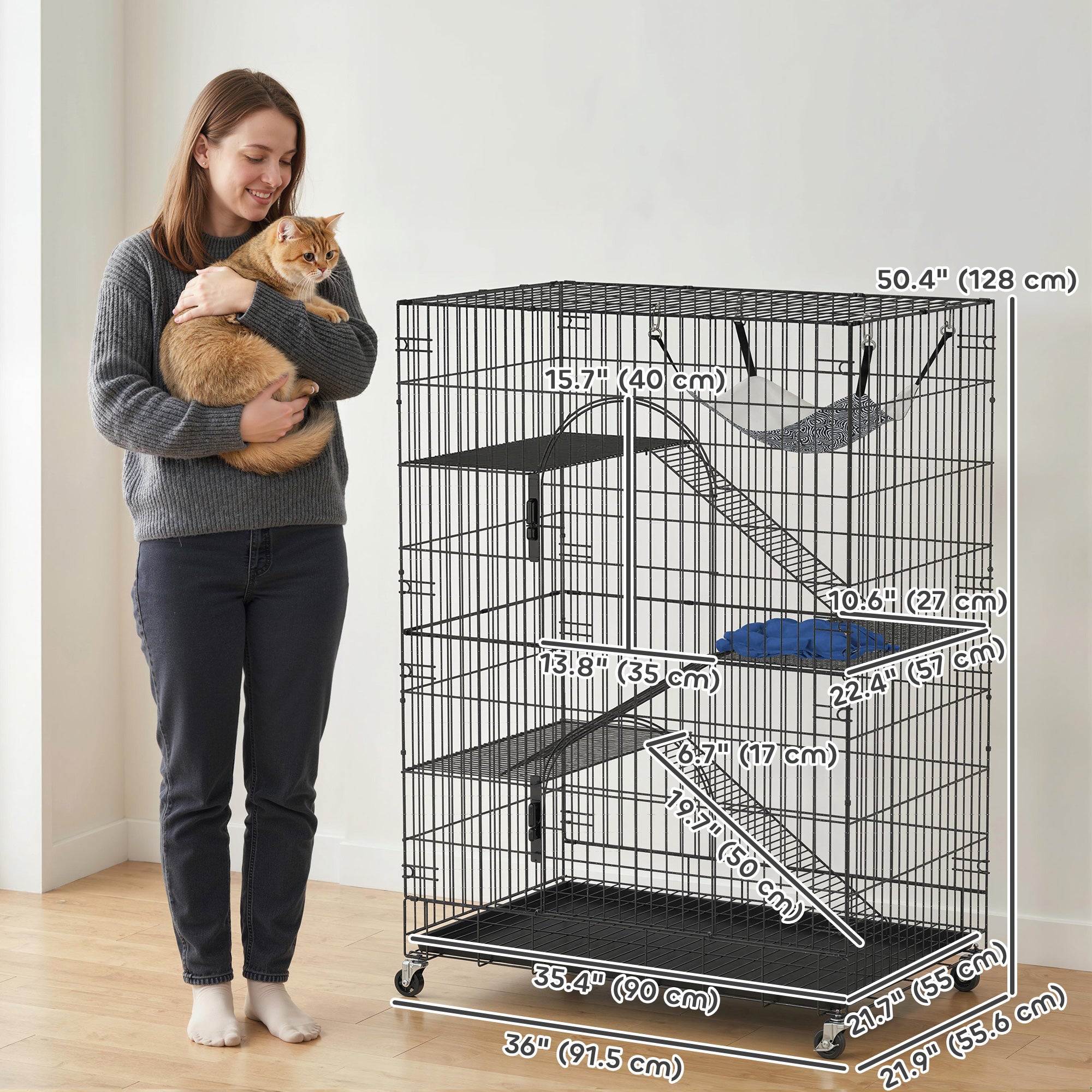 4-Tier Cat Cage, Large Cat Enclosure with Lockable Wheels, Tray, Hammock, Bed - view 2