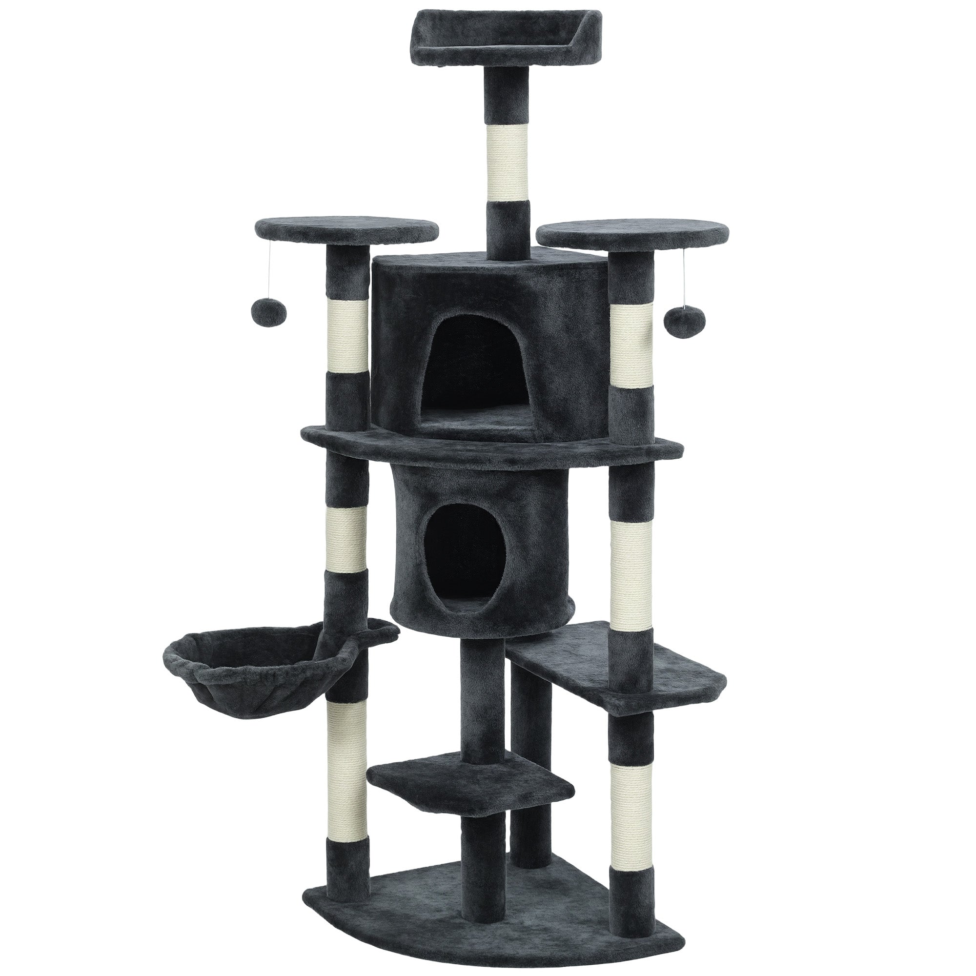 62" Cat Tree with Scratching Post, 2 Condos, Hammock, Perches, Plush, Pompoms