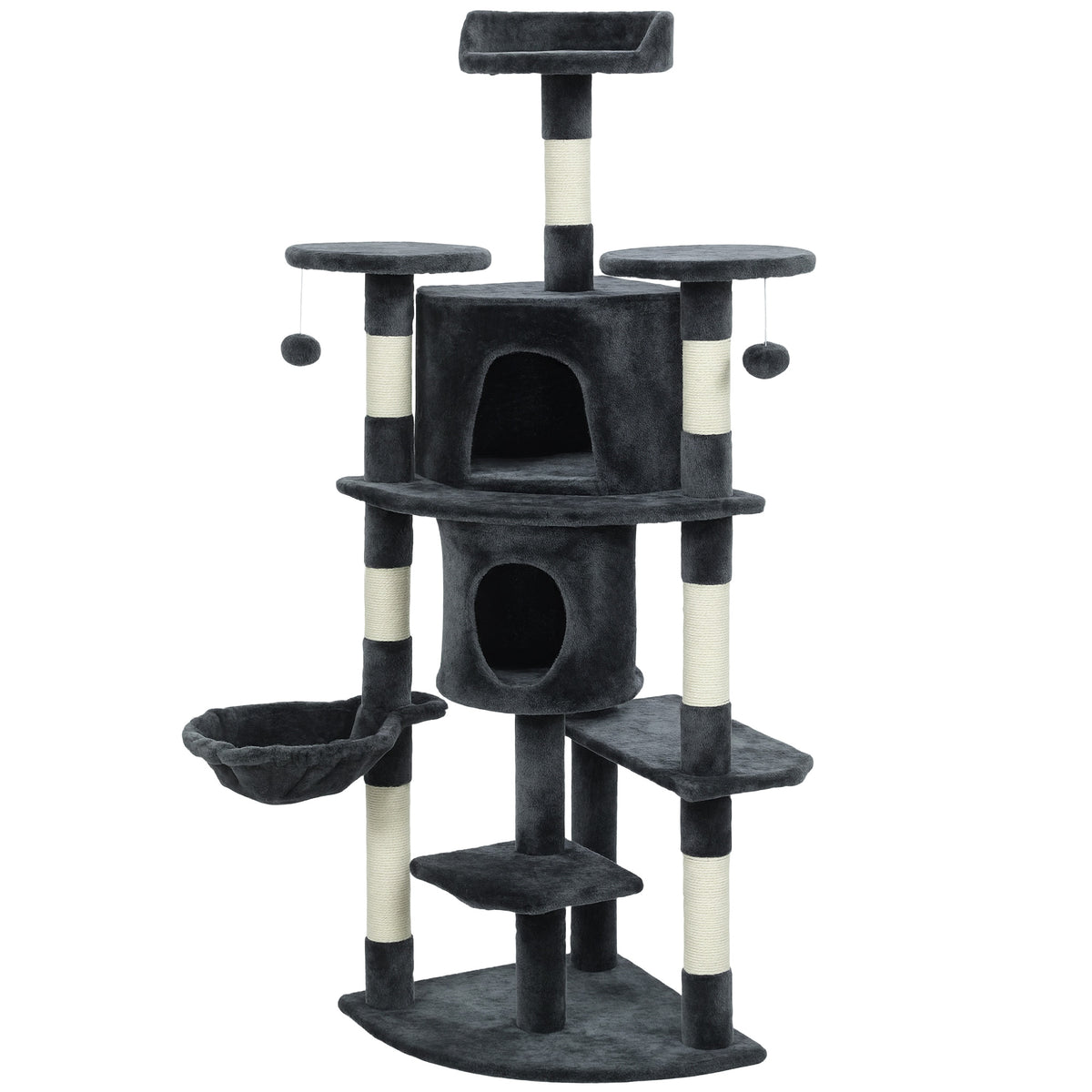 62" Cat Tree with Scratching Post, 2 Condos, Hammock, Perches, Plush, Pompoms