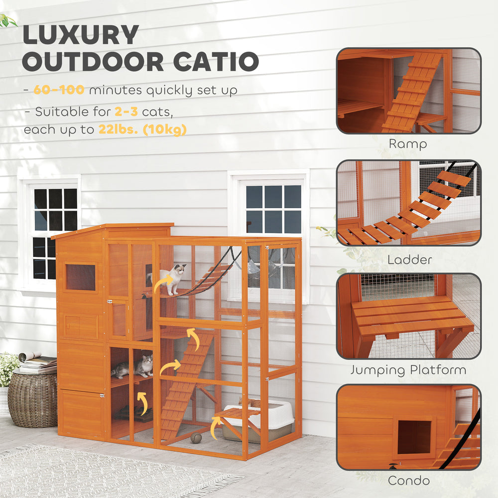 76" Catio Outdoor Cat Enclosure with Cat Condo, Jumping Platforms, Ladder - view 3