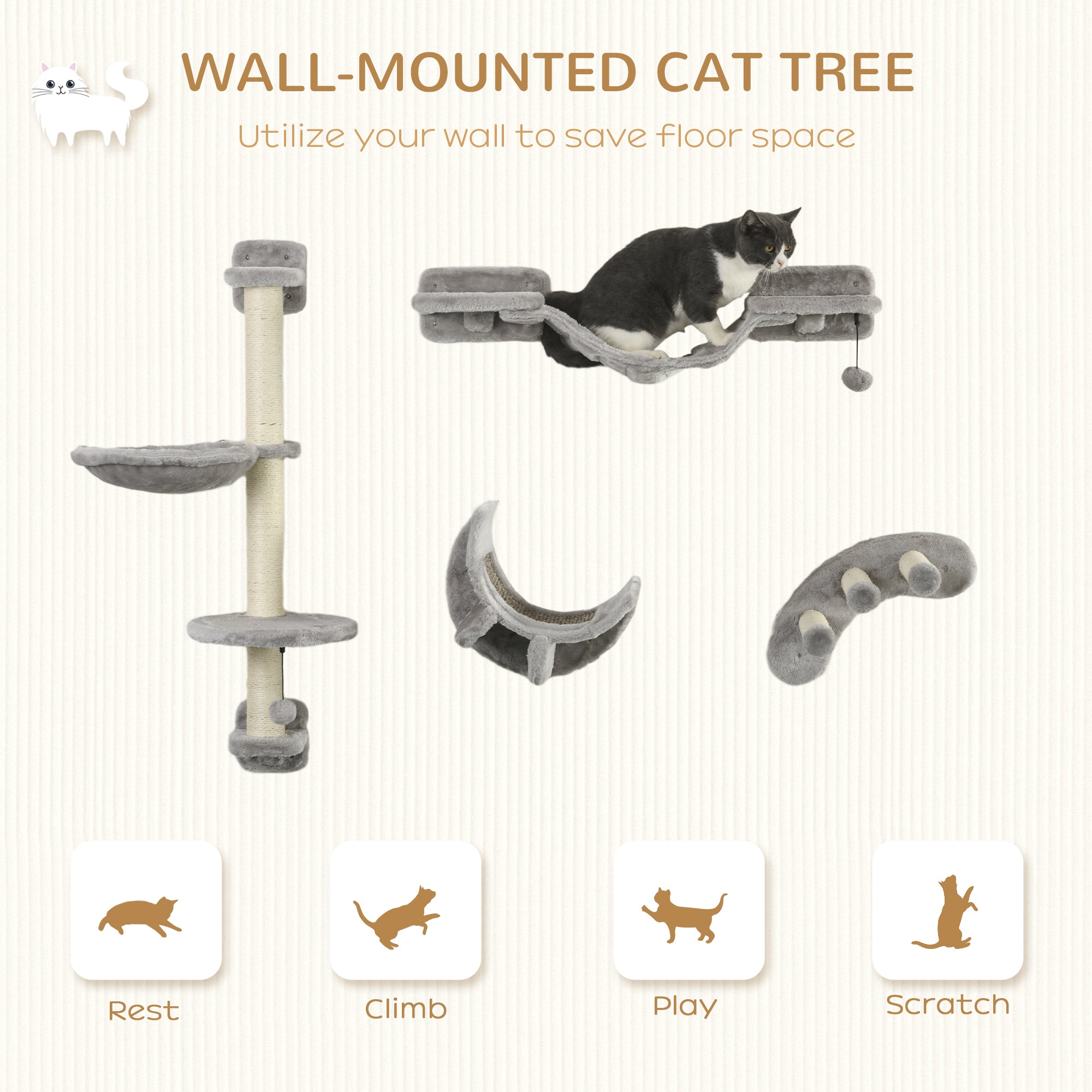 4Pcs Cat Wall Shelf with Scratching Post, Cat Wall Shelves for Relaxing - view 3