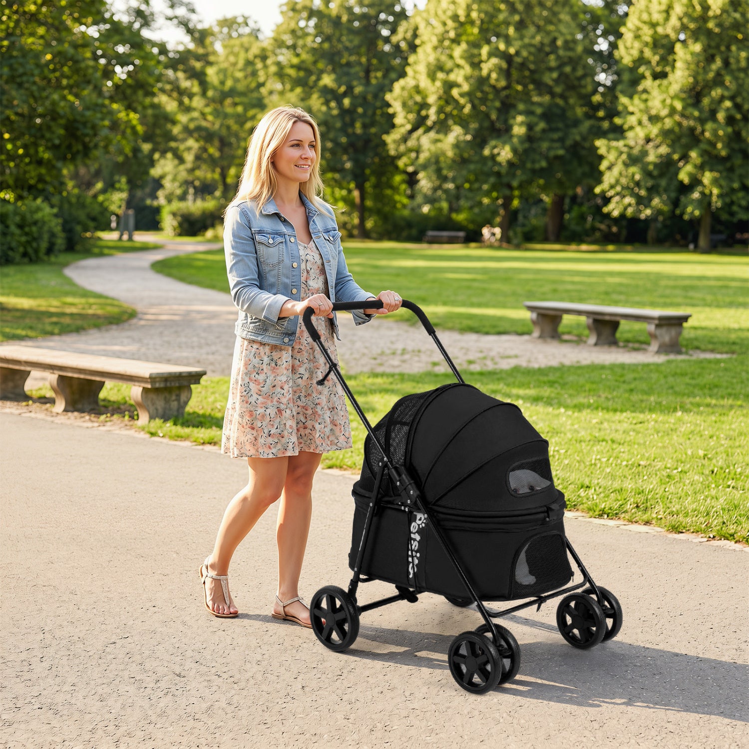 Pet Stroller for Small Medium Dogs Foldable with One-Step Rear Brake and Canopy - view 3