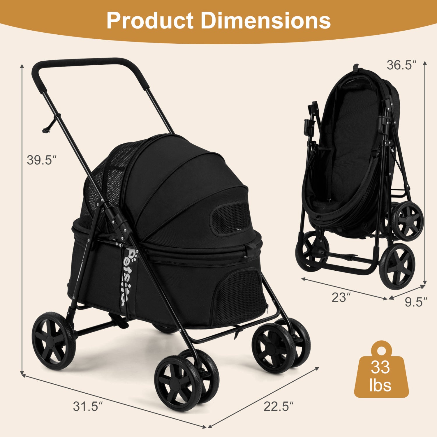 Pet Stroller for Small Medium Dogs Foldable with One-Step Rear Brake and Canopy - view 5