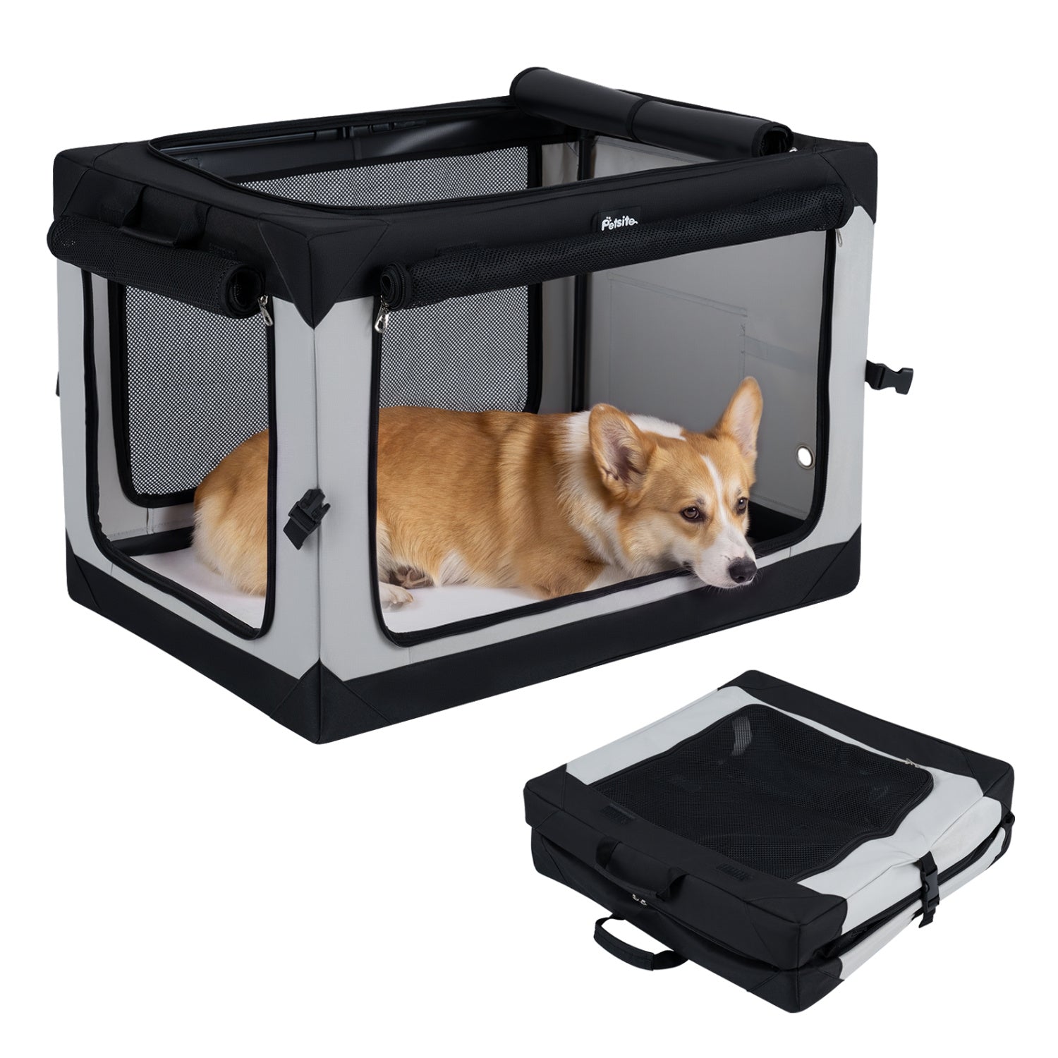 Portable Collapsible Soft Dog Crate for Dogs with 4 Mesh Doors Removable Mat
