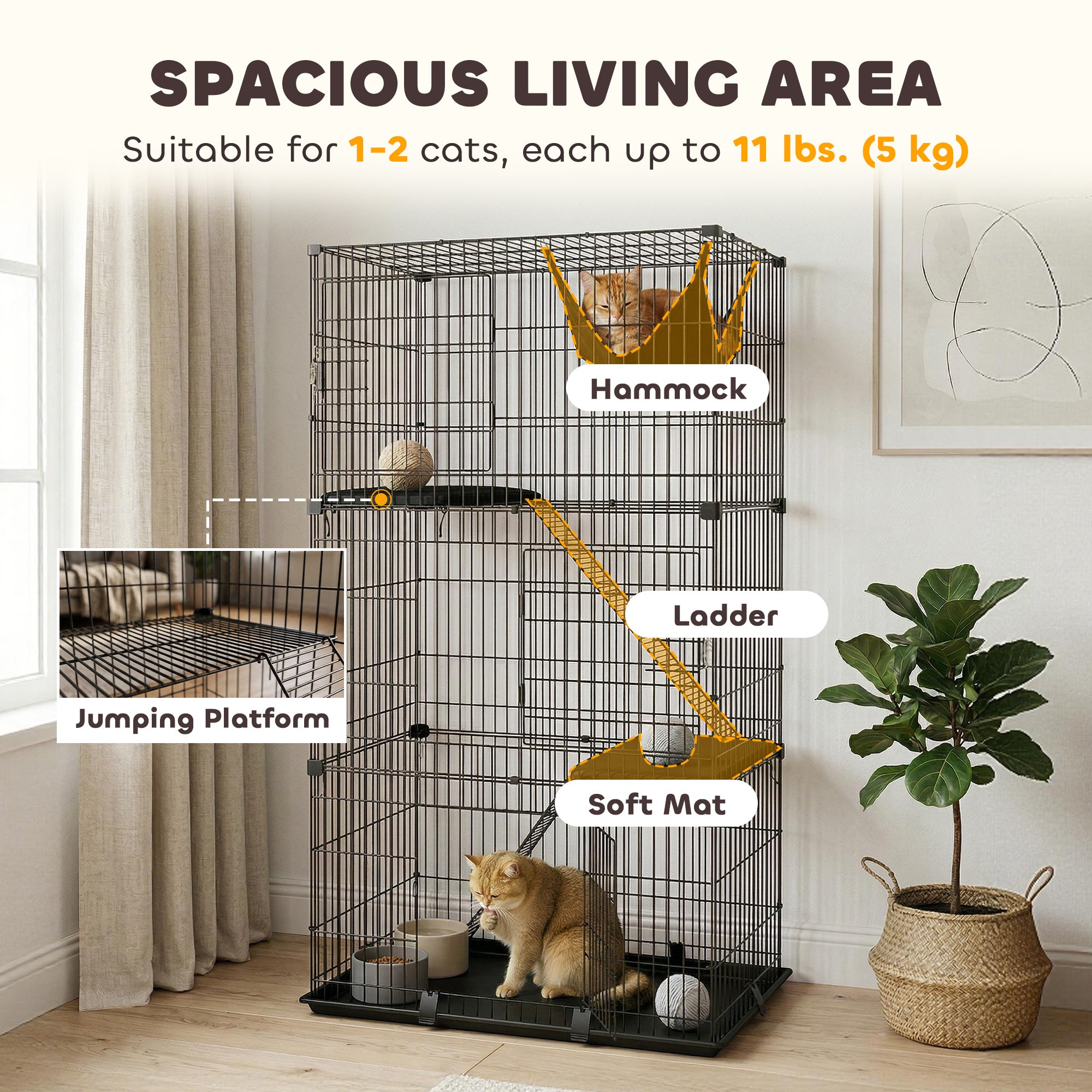 3-Tier Cat Cage Indoor, Detachable Metal Wire Kennel withwith Hammock - view 3
