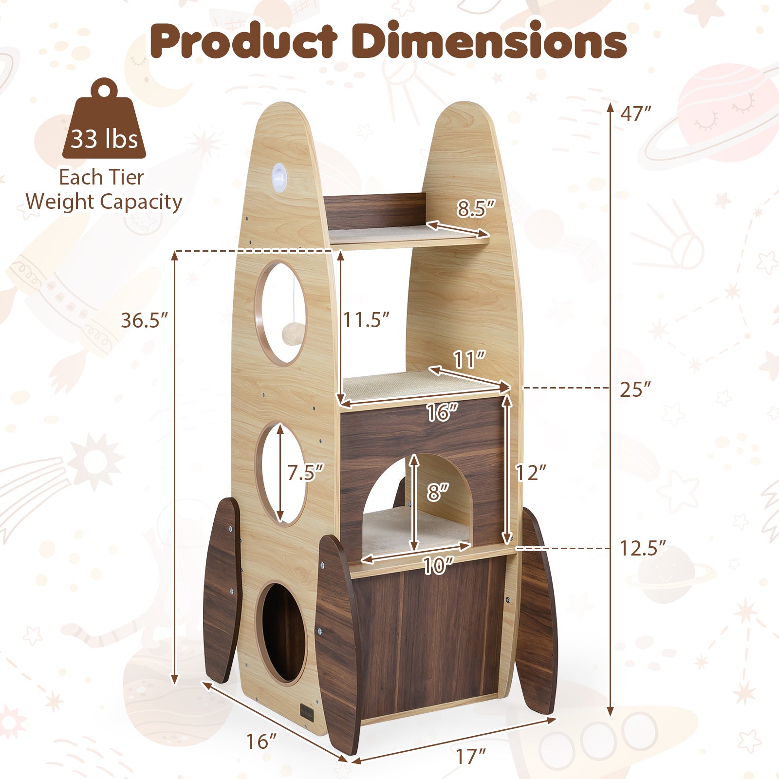 Rocket Cat Tree 47 Inch Large Wooden Cat Tower for Indoor Cats - view 4