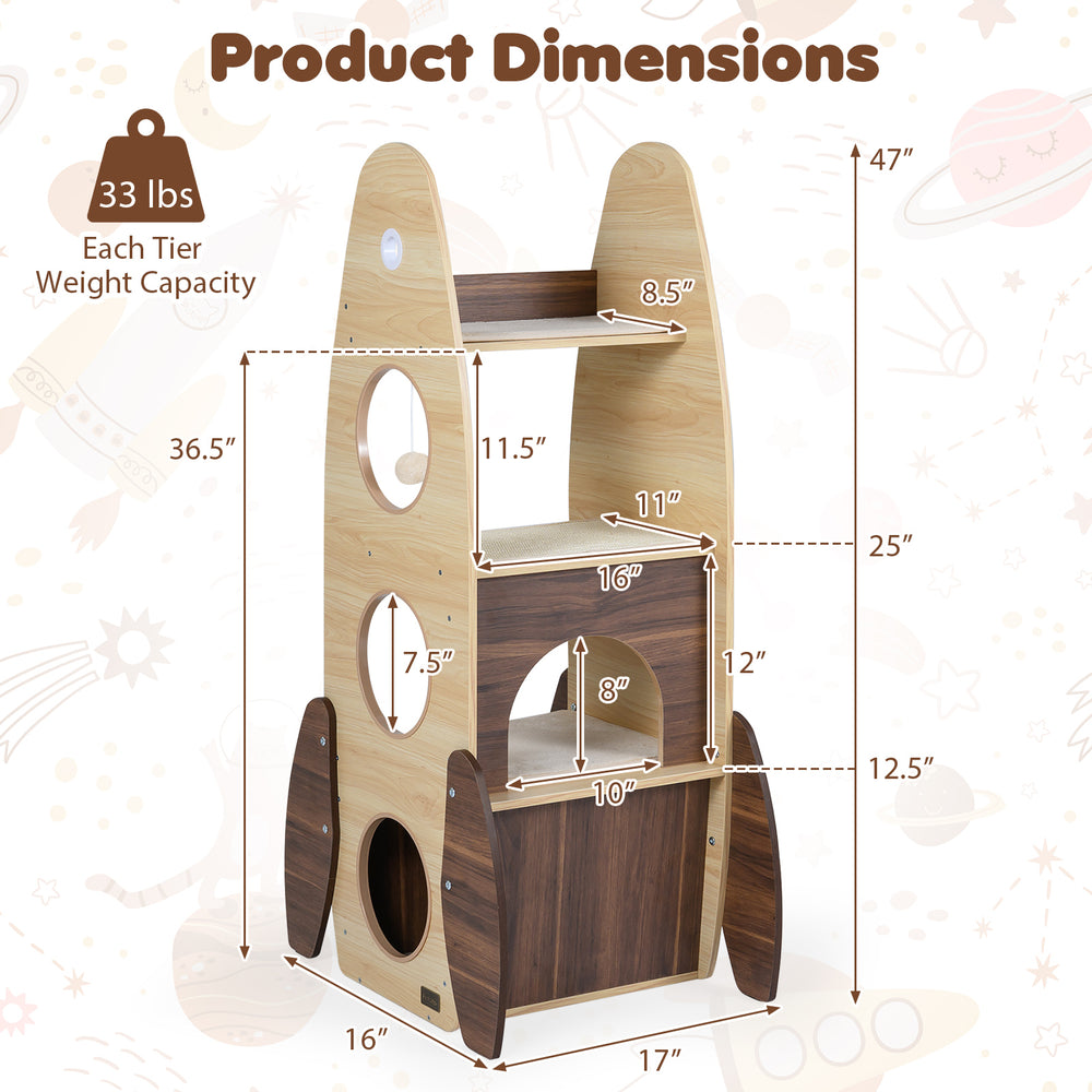 Rocket Cat Tree 47 Inch Large Wooden Cat Tower for Indoor Cats - view 4