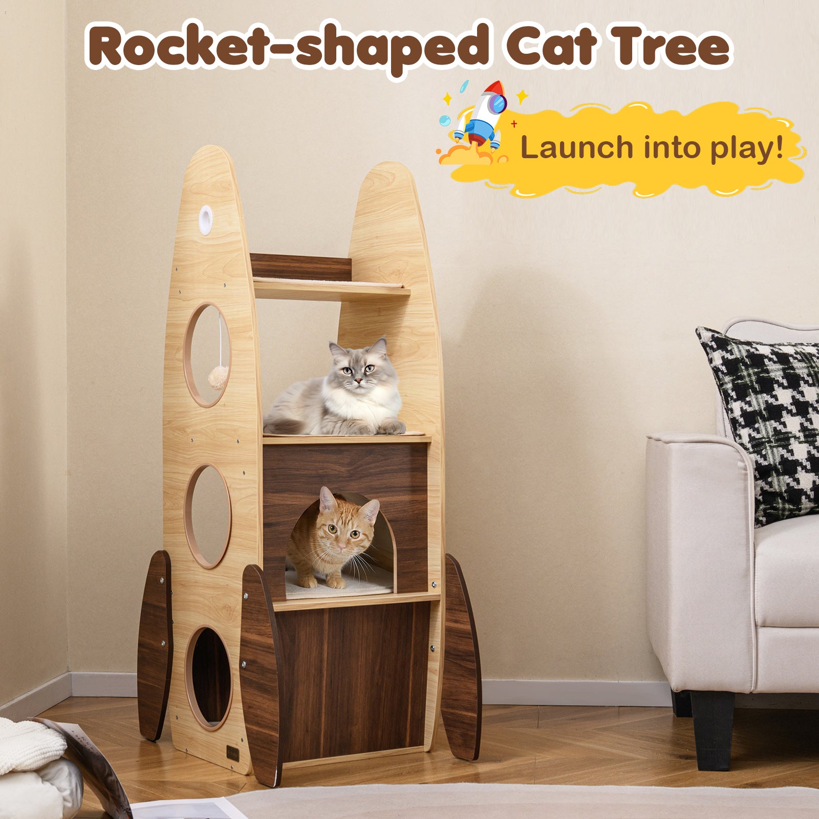Rocket Cat Tree 47 Inch Large Wooden Cat Tower for Indoor Cats - view 5