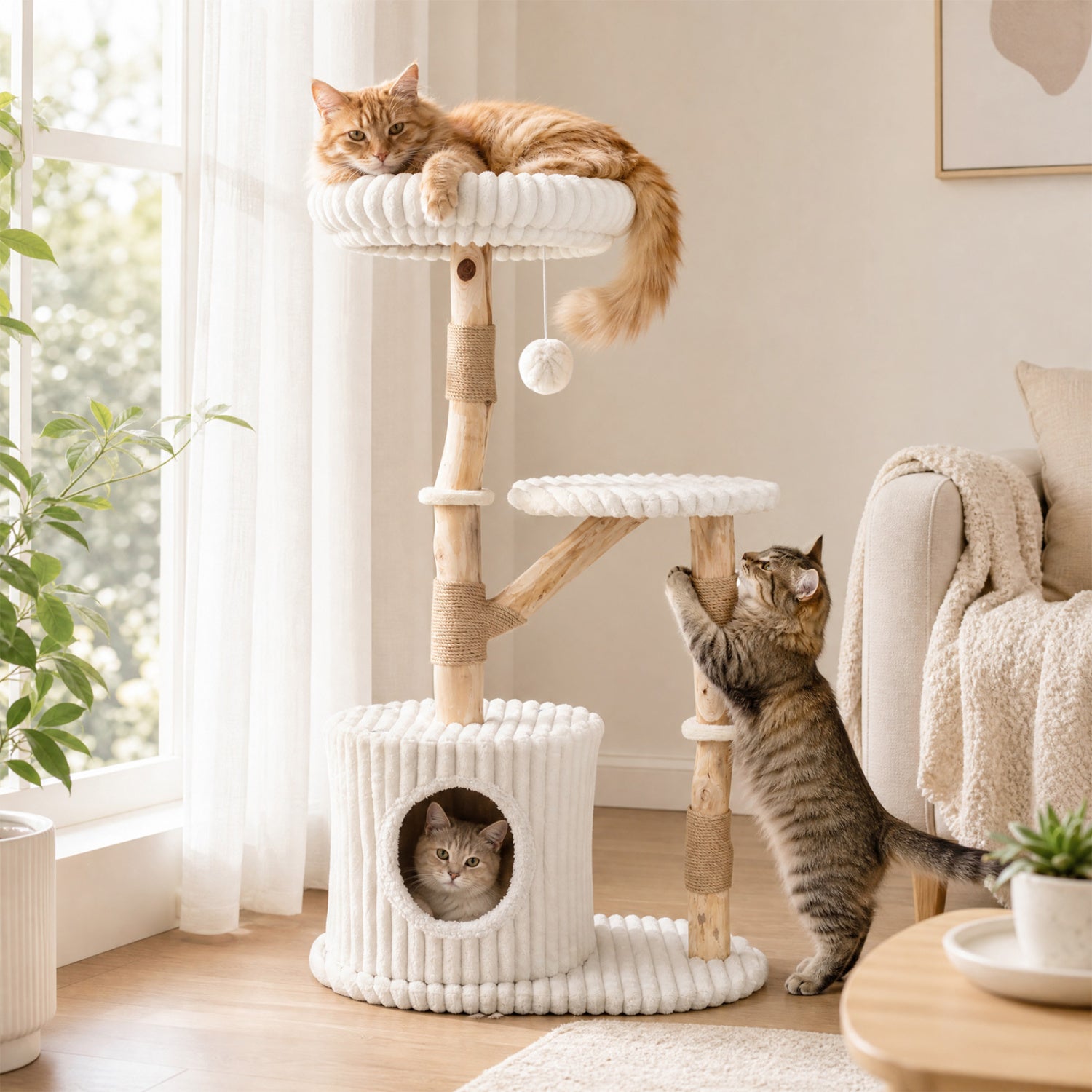 Solid Wood Cat Tree 41 Inch with Real Branches & Scratching Posts and Cozy Bed - view 2