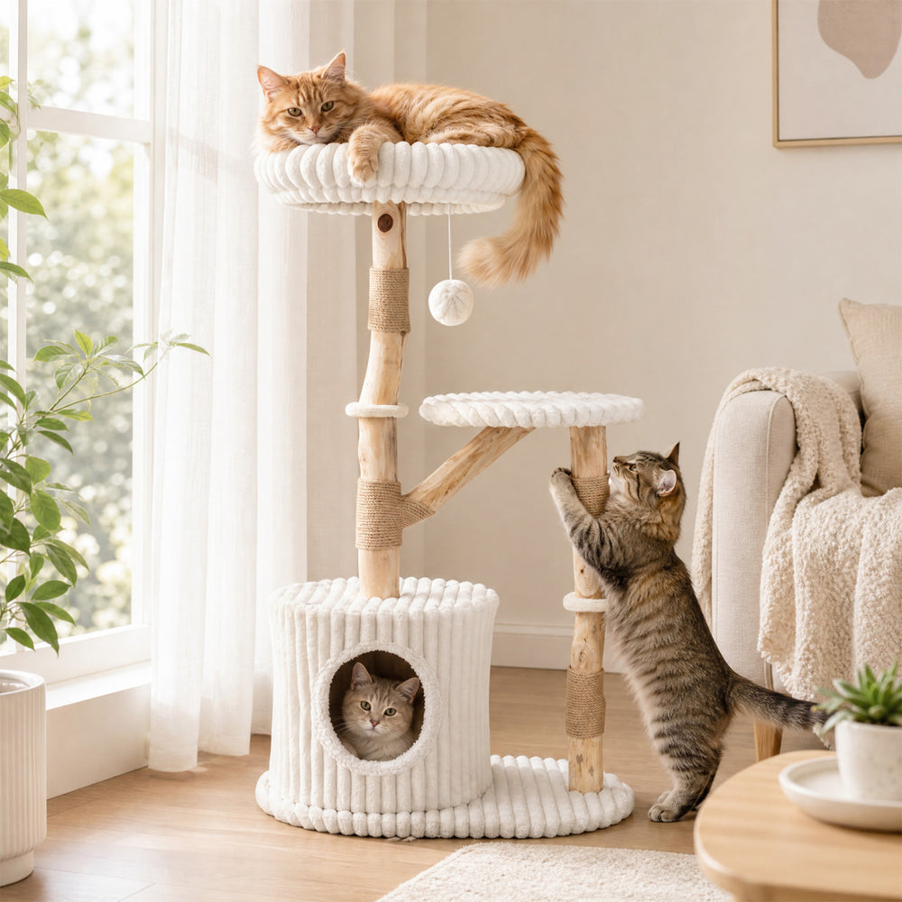 Solid Wood Cat Tree 41 Inch with Real Branches & Scratching Posts and Cozy Bed - view 2