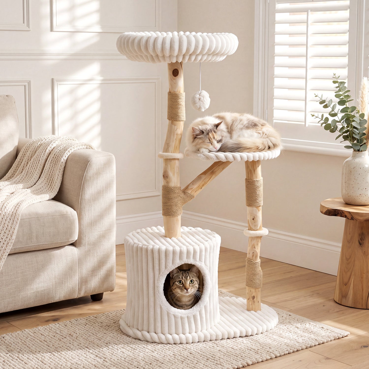 Solid Wood Cat Tree 41 Inch with Real Branches & Scratching Posts and Cozy Bed - view 3