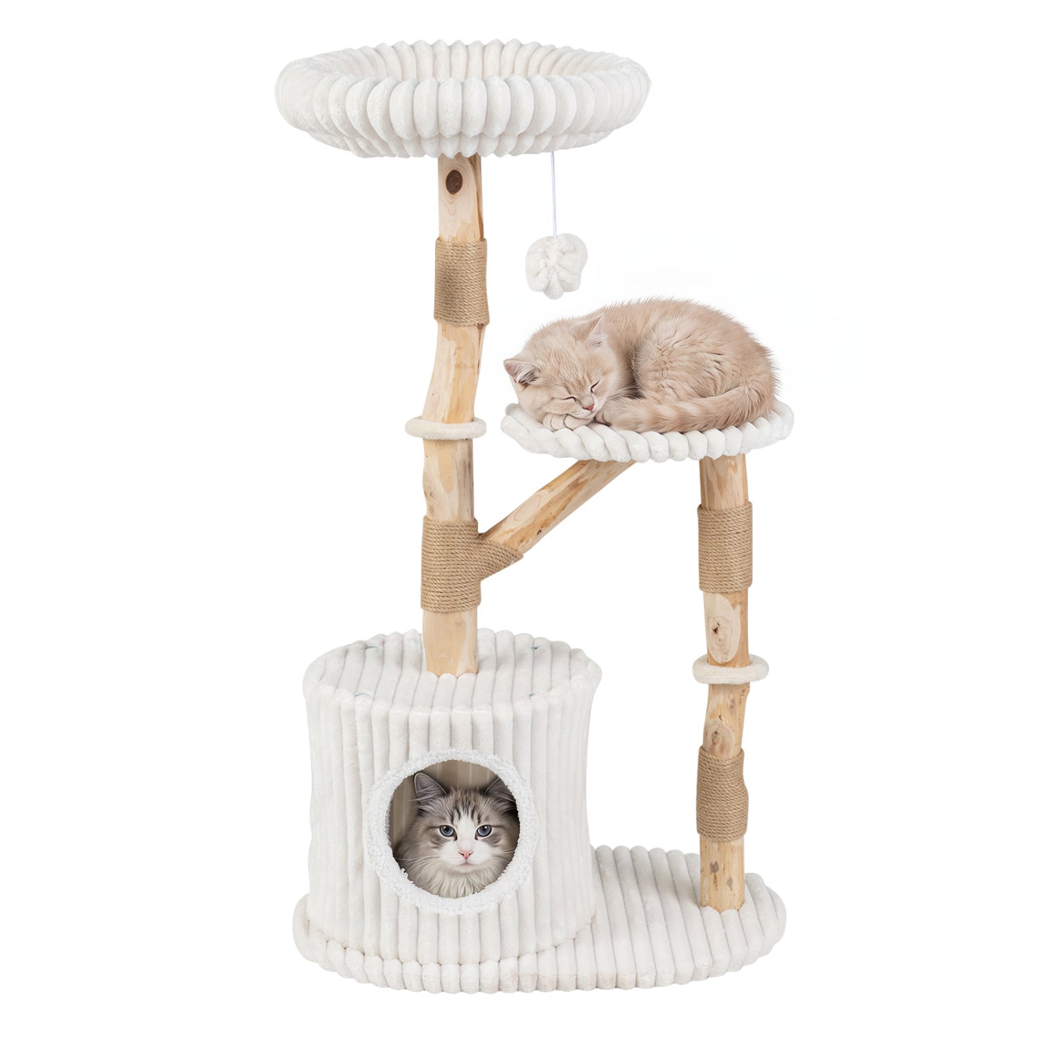 Solid Wood Cat Tree 41 Inch with Real Branches & Scratching Posts and Cozy Bed