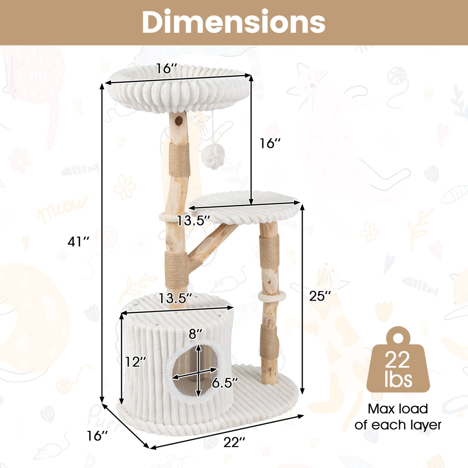 Solid Wood Cat Tree 41 Inch with Real Branches & Scratching Posts and Cozy Bed - view 5