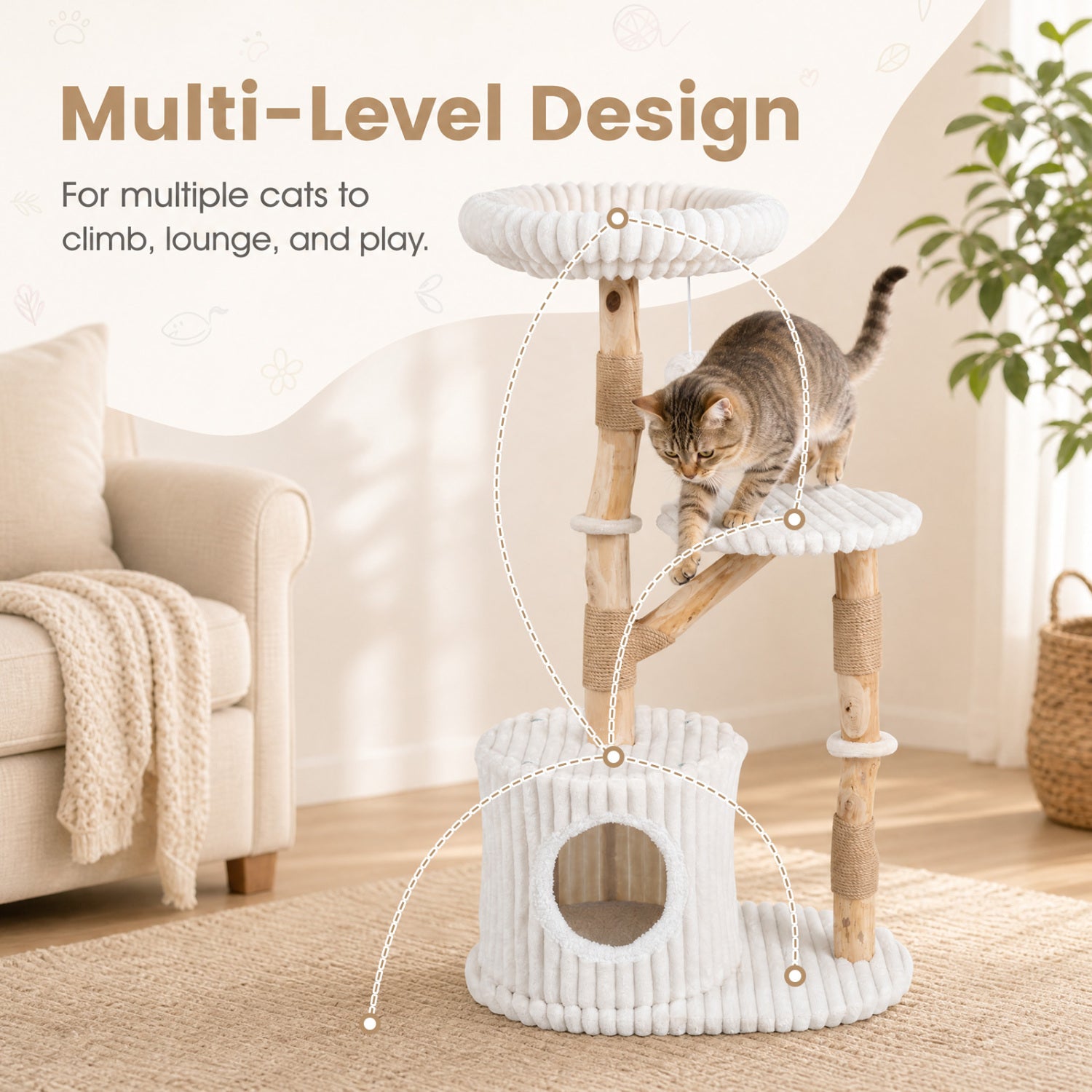 Solid Wood Cat Tree 41 Inch with Real Branches & Scratching Posts and Cozy Bed - view 6