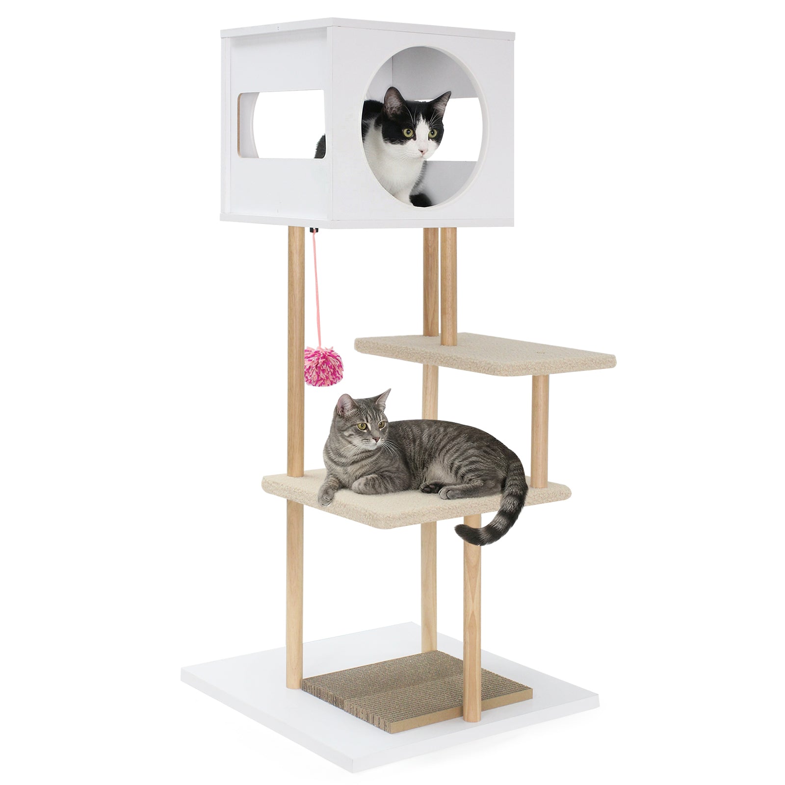Tall Wood Cat Tower with 2 Corrugated Cardboard Cat Tree