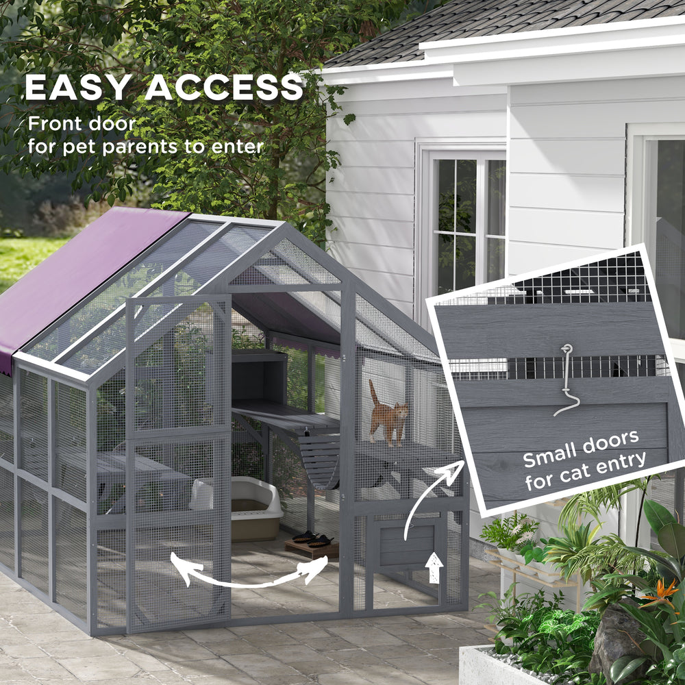 Outdoor Cat Enclosure Wooden Feral Cat House w/ Weatherproof Canopy, Bridges - view 6