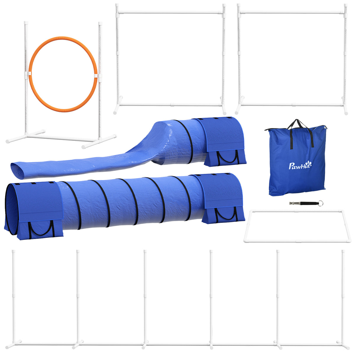7 Pcs Dog Agility Kit w/ Tunnels, Weave Poles, Adjustable Hurdles, Jump Ring