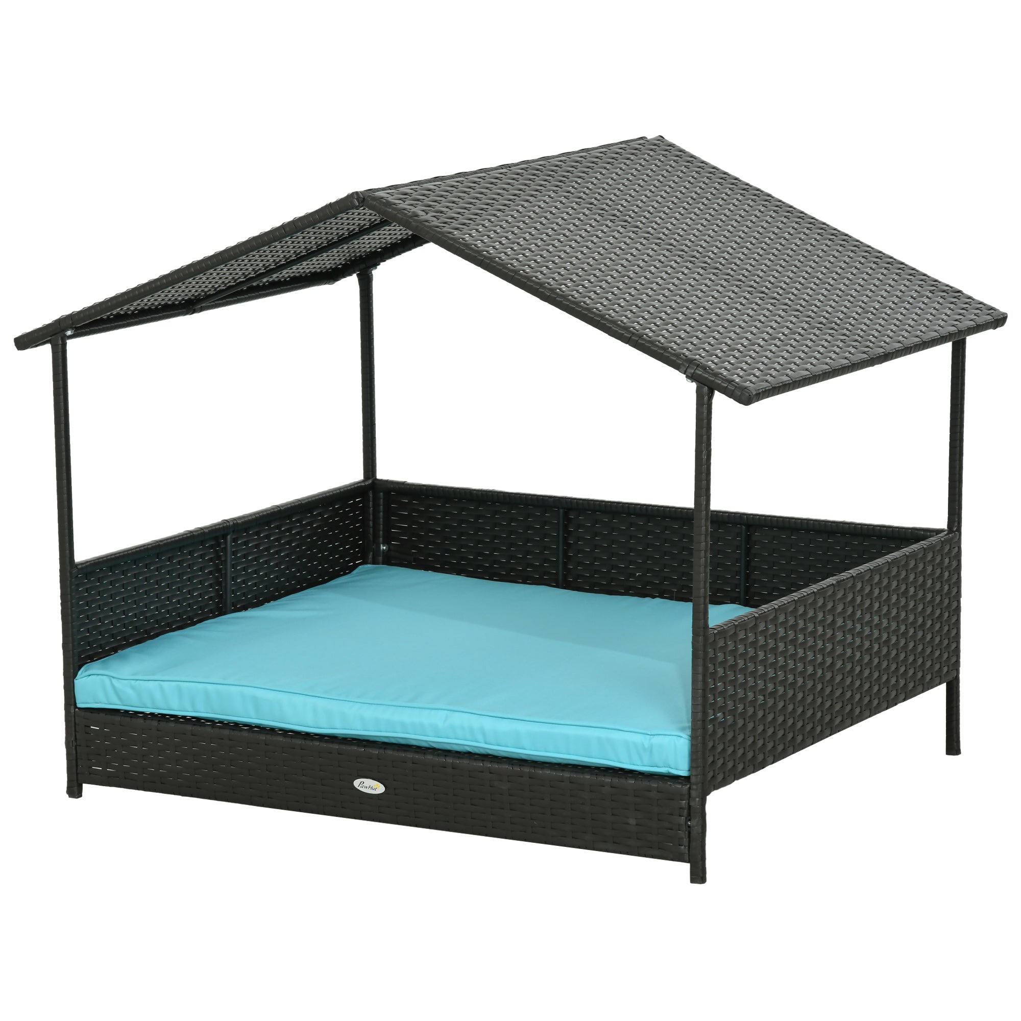 Rattan Dog House with Canopy, Wicker Dog Bed with Water-Resistant Cushion