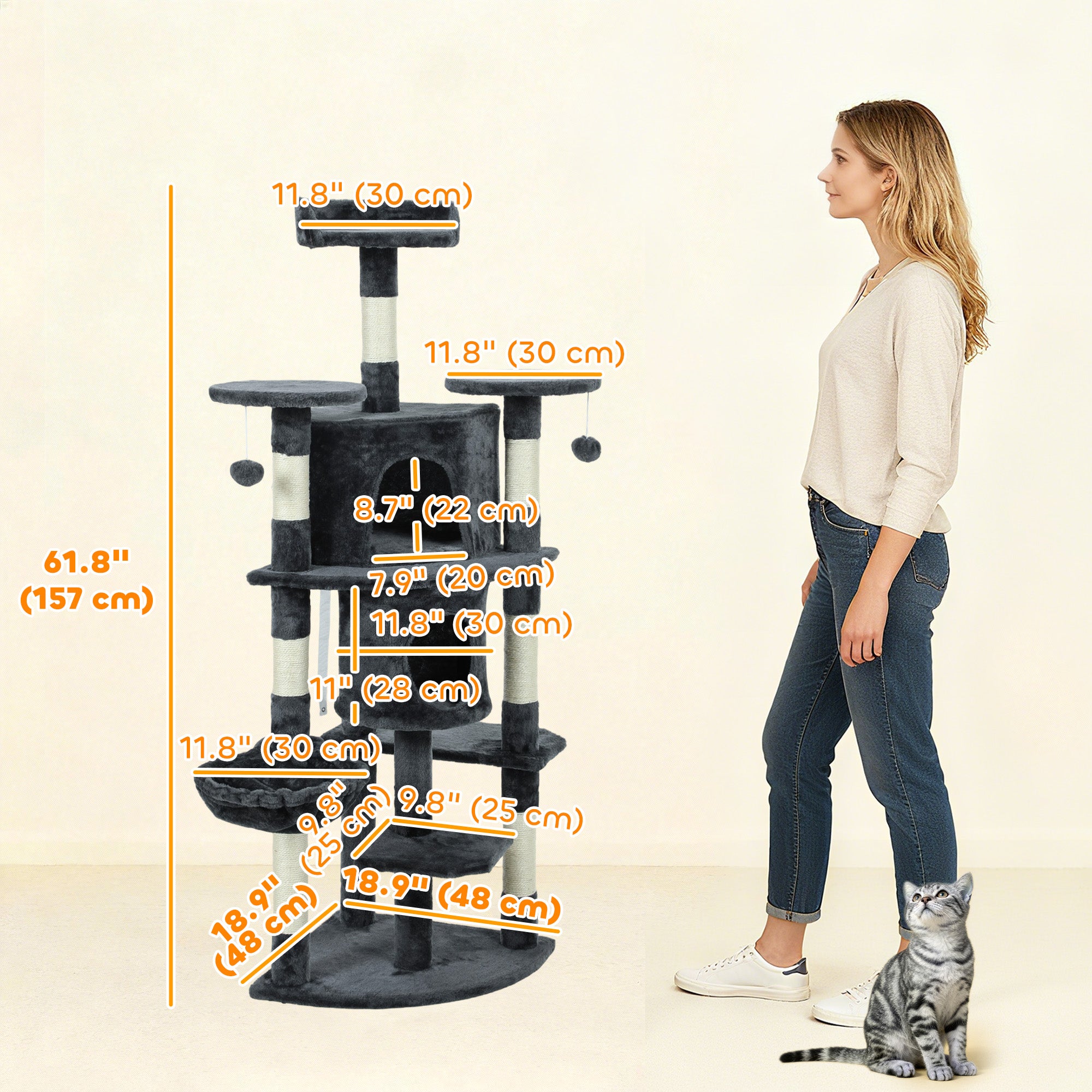 62" Cat Tree with Scratching Post, 2 Condos, Hammock, Perches, Plush, Pompoms - view 2