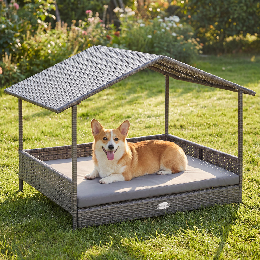Wicker Dog House Elevated PE Rattan Dog Bed with Canopy Dog Kennel - view 2