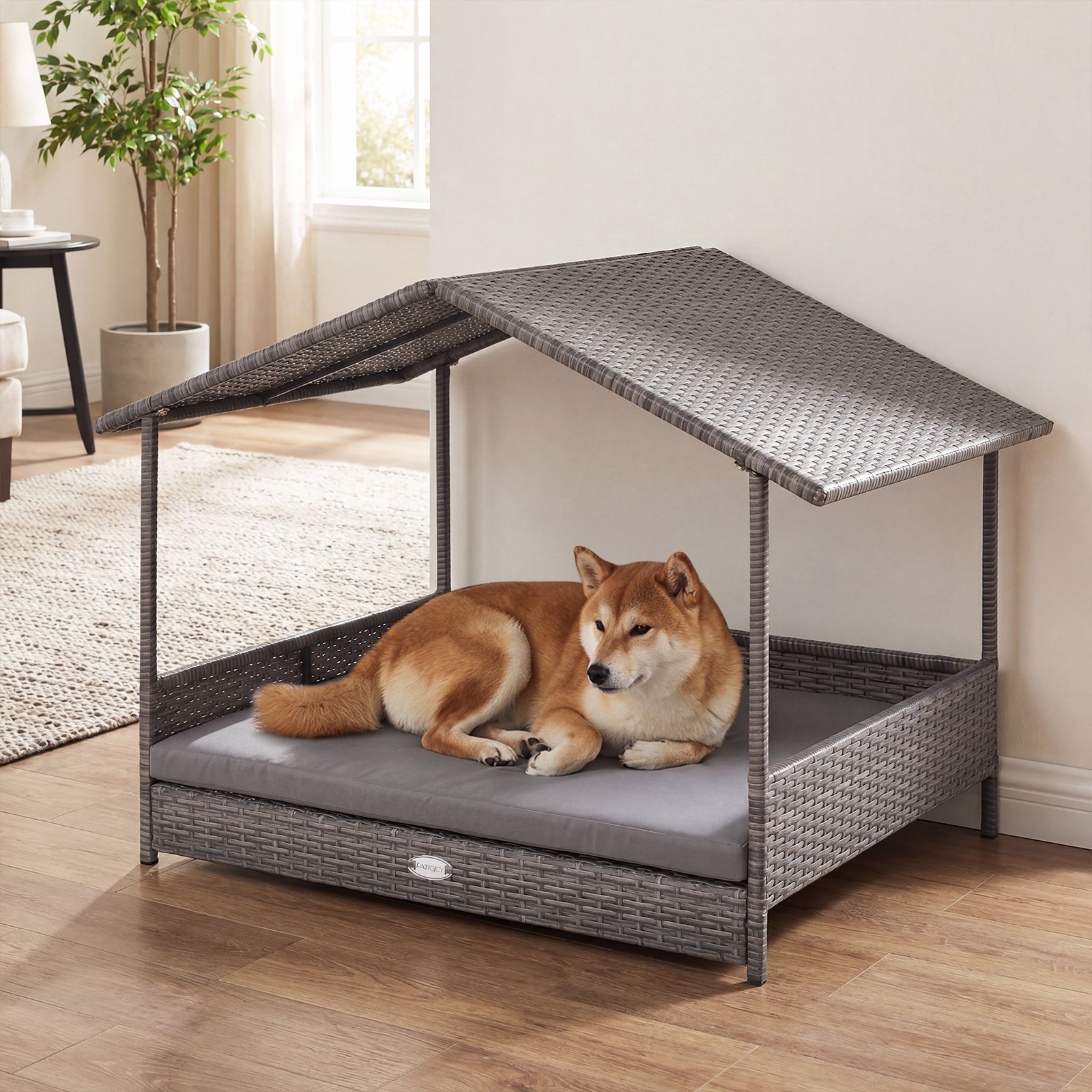 Wicker Dog House Elevated PE Rattan Dog Bed with Canopy Dog Kennel - view 3