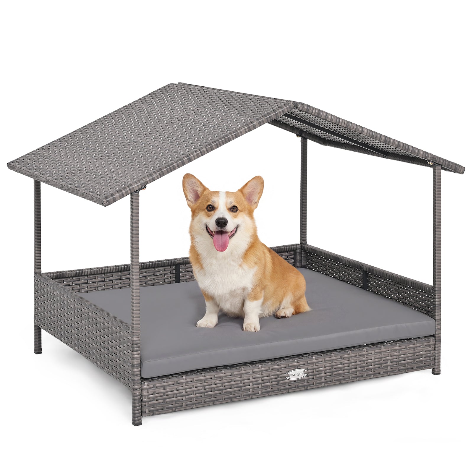Wicker Dog House Elevated PE Rattan Dog Bed with Canopy Dog Kennel