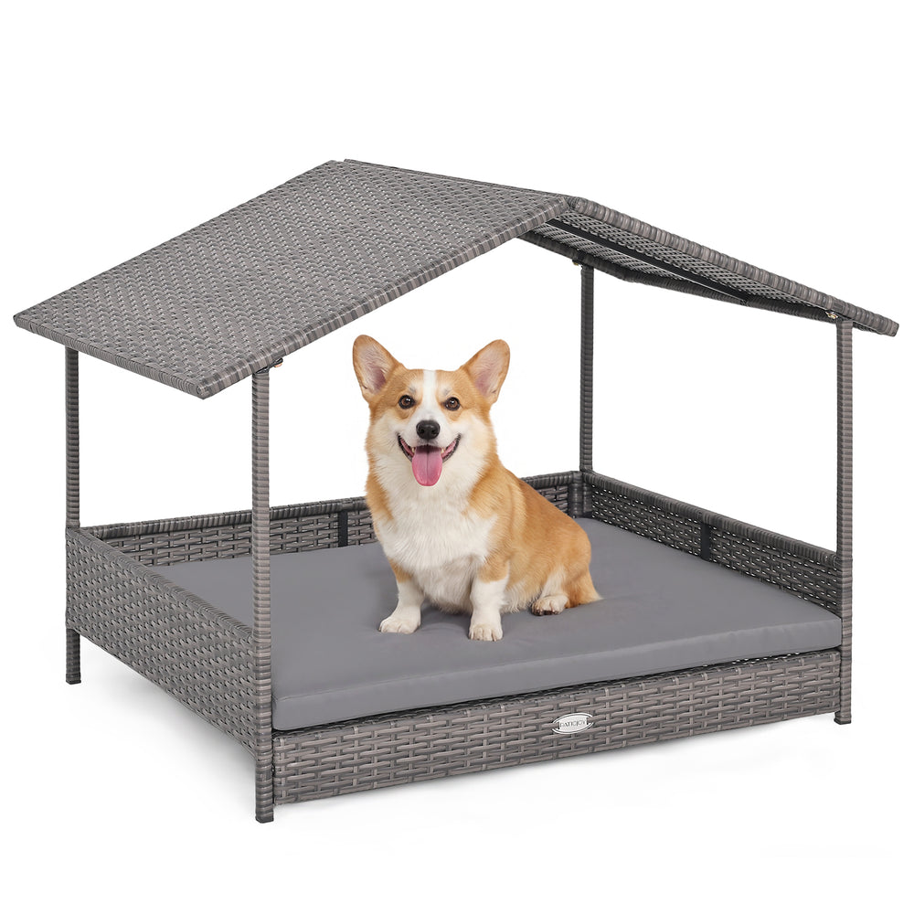 Wicker Dog House Elevated PE Rattan Dog Bed with Canopy Dog Kennel