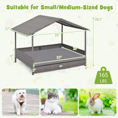 Wicker Dog House Elevated PE Rattan Dog Bed with Canopy Dog Kennel - view 4