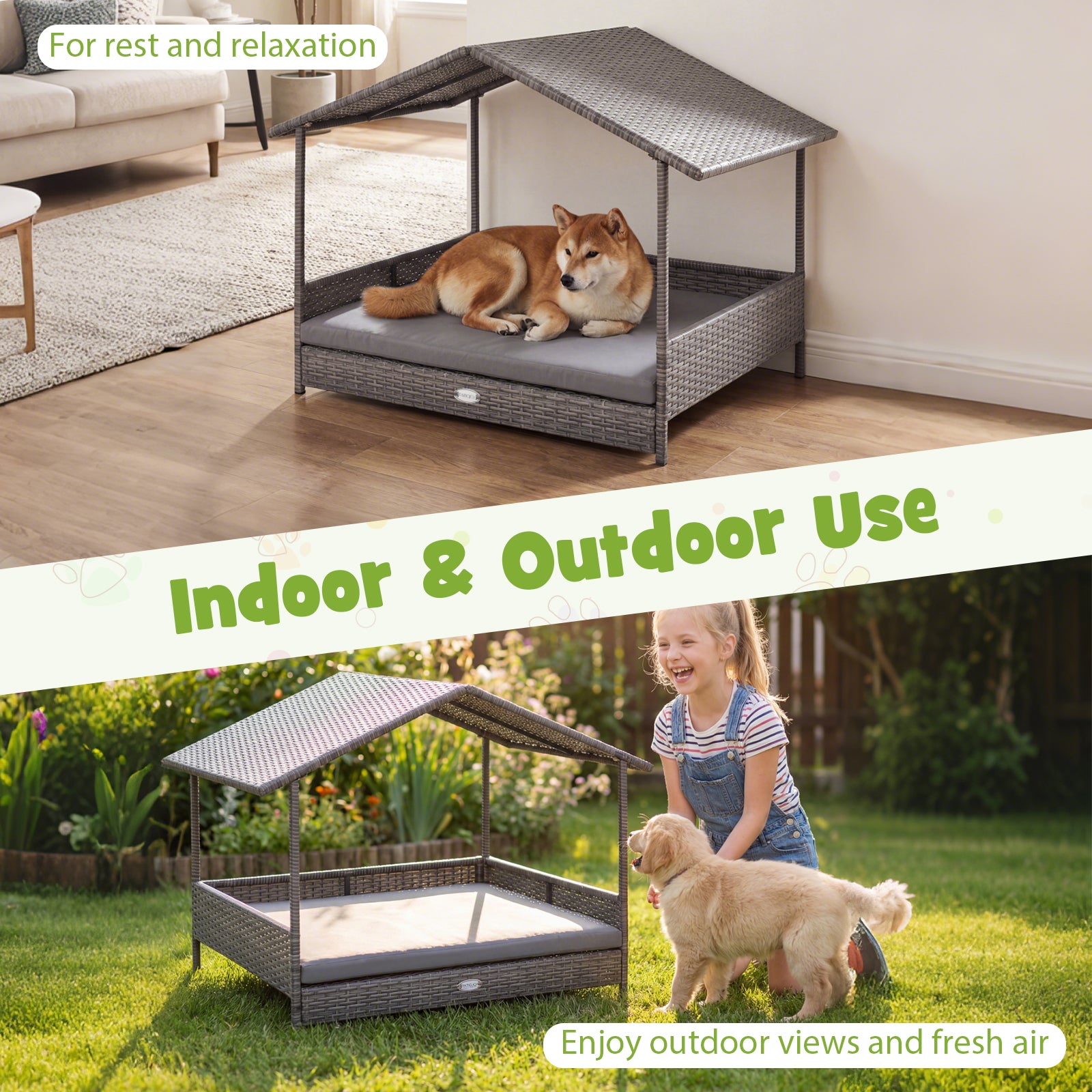 Wicker Dog House Elevated PE Rattan Dog Bed with Canopy Dog Kennel - view 5