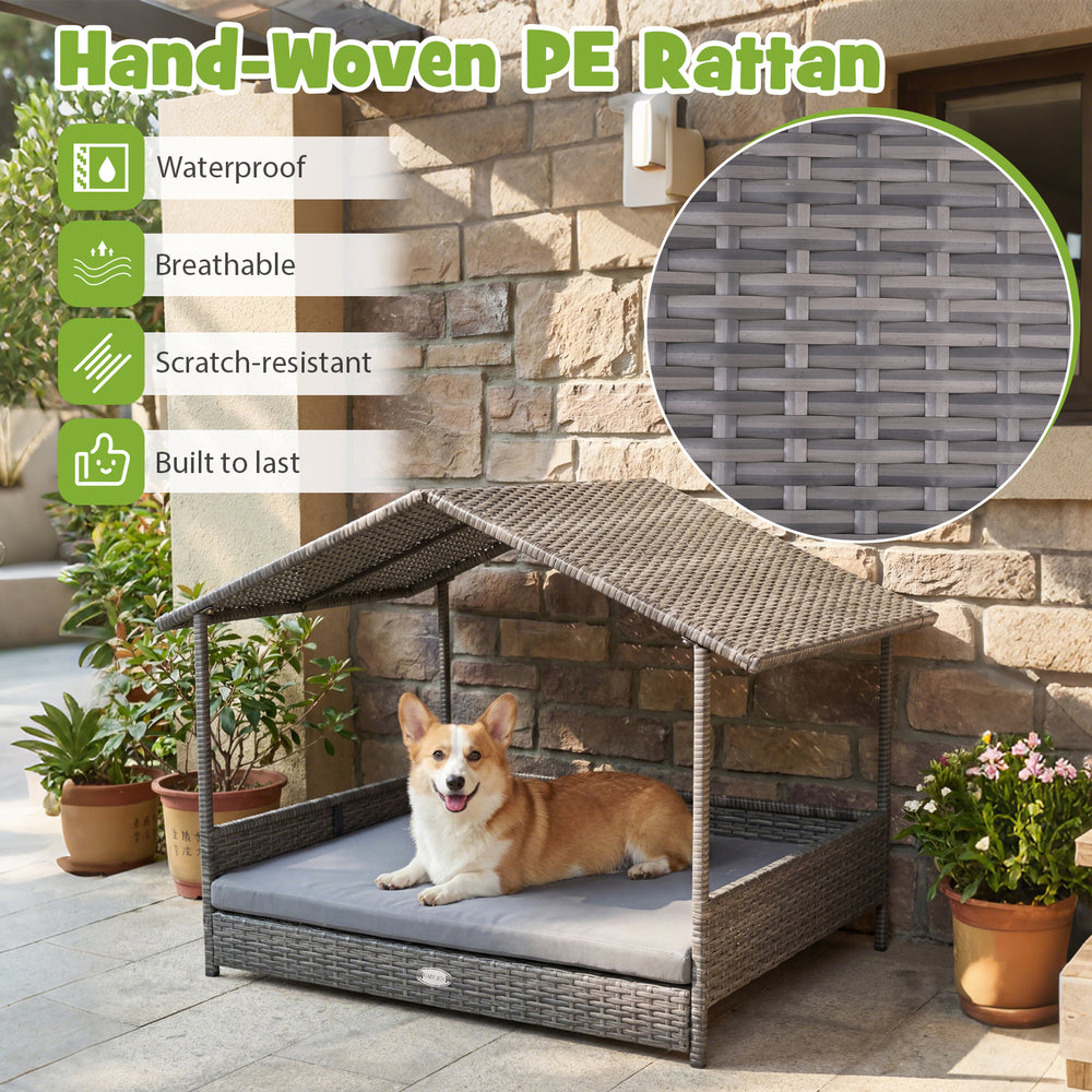 Wicker Dog House Elevated PE Rattan Dog Bed with Canopy Dog Kennel - view 6