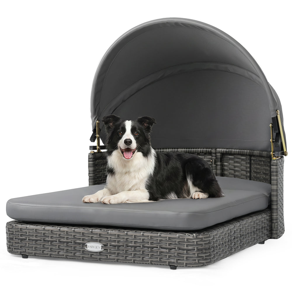 Wicker Dog House with Adjustable Canopy & 2 Detachable Cushions for Small
