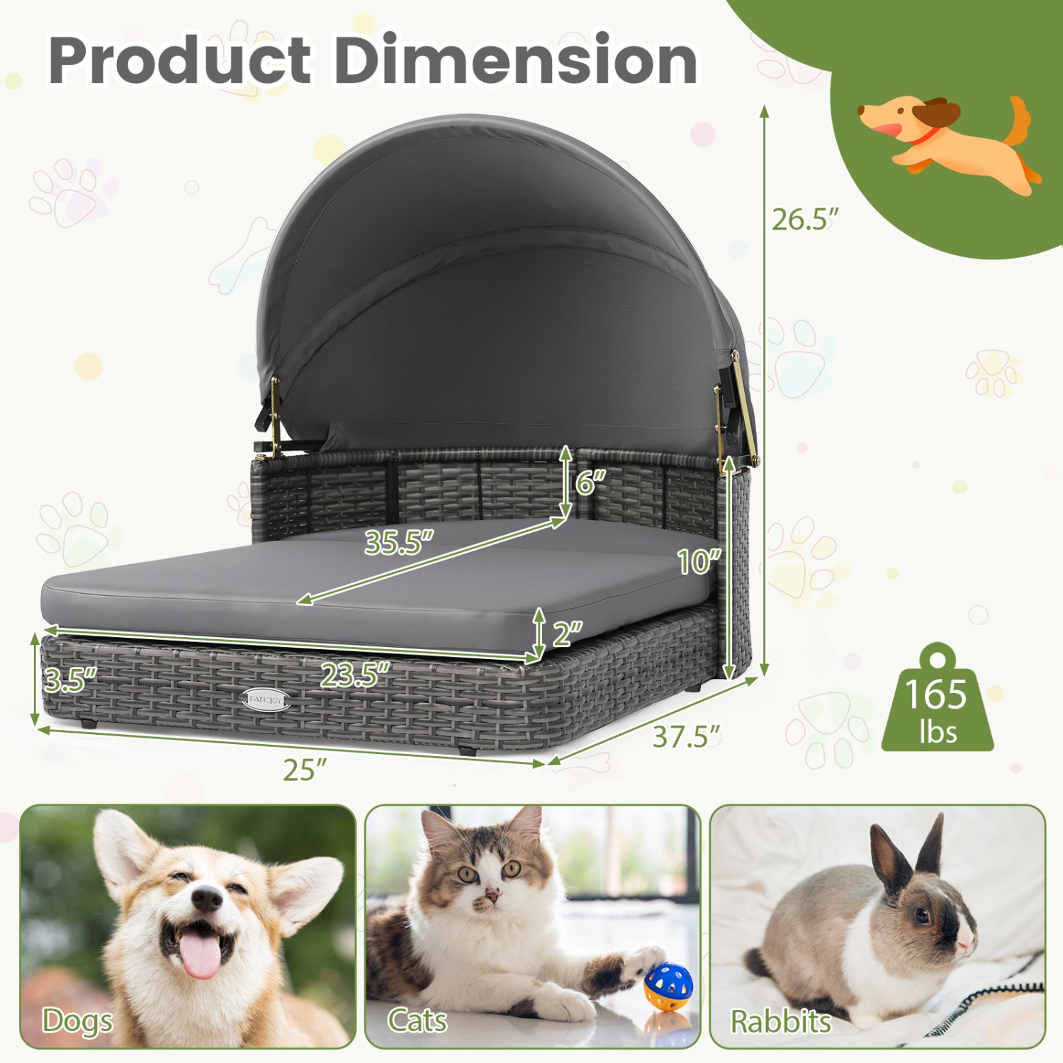 Wicker Dog House with Adjustable Canopy & 2 Detachable Cushions for Small - view 5
