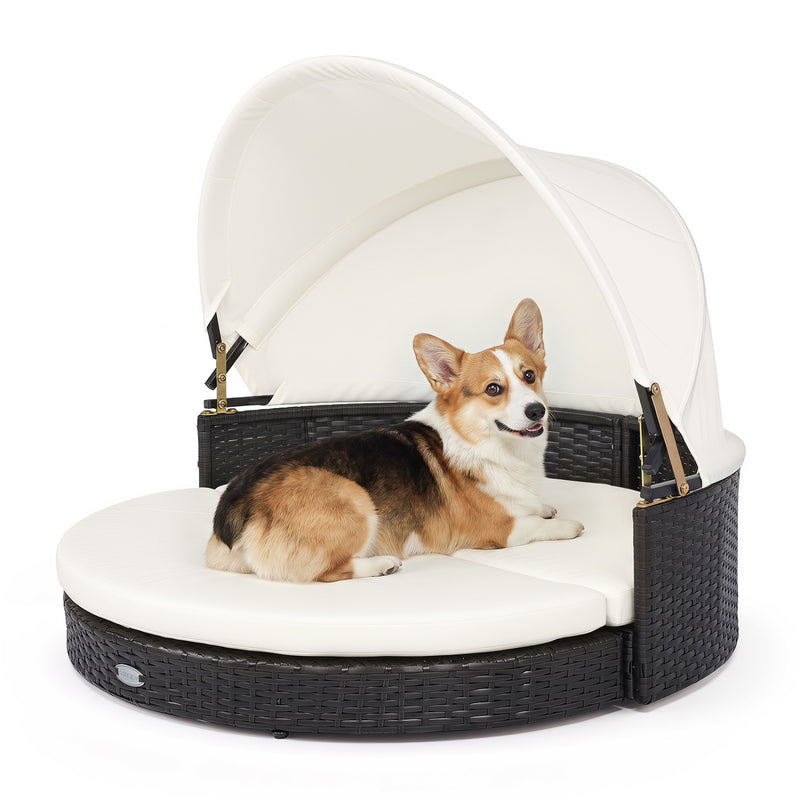 Wicker Dog House with Retractable Canopy & Removable Cushion for Small Medium